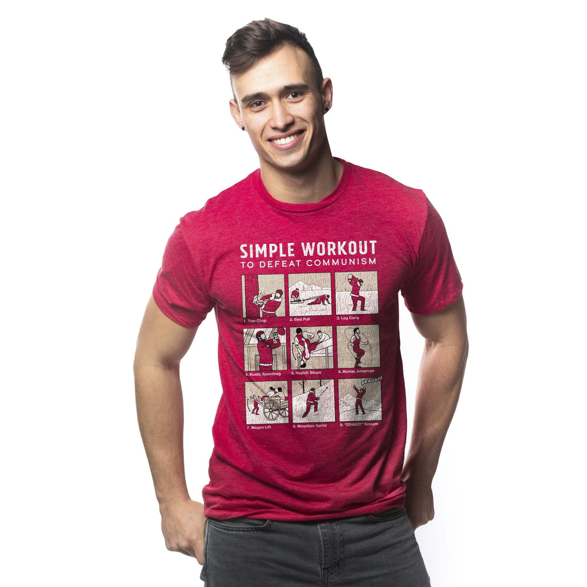 Men's Simple Workout To Defeat Communism Designer Graphic T-Shirt | Cool Rocky Parody  Tee On Model | Solid Threads
