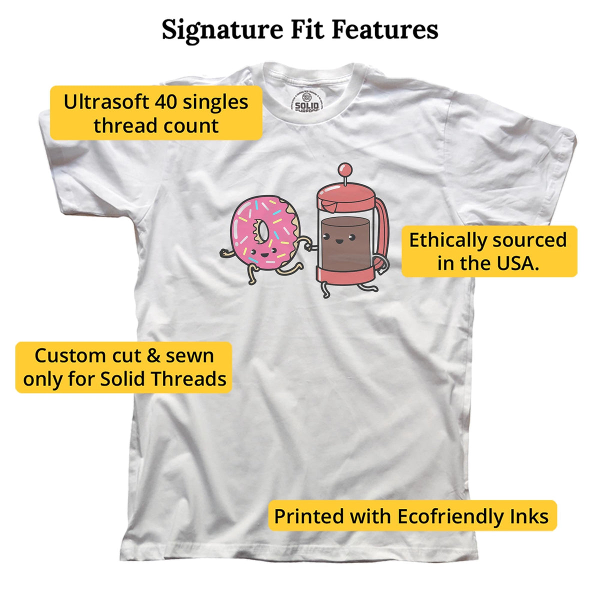 Coffee & Donut Soul Mates Designer Signature T-shirt in White - Fit Attributes