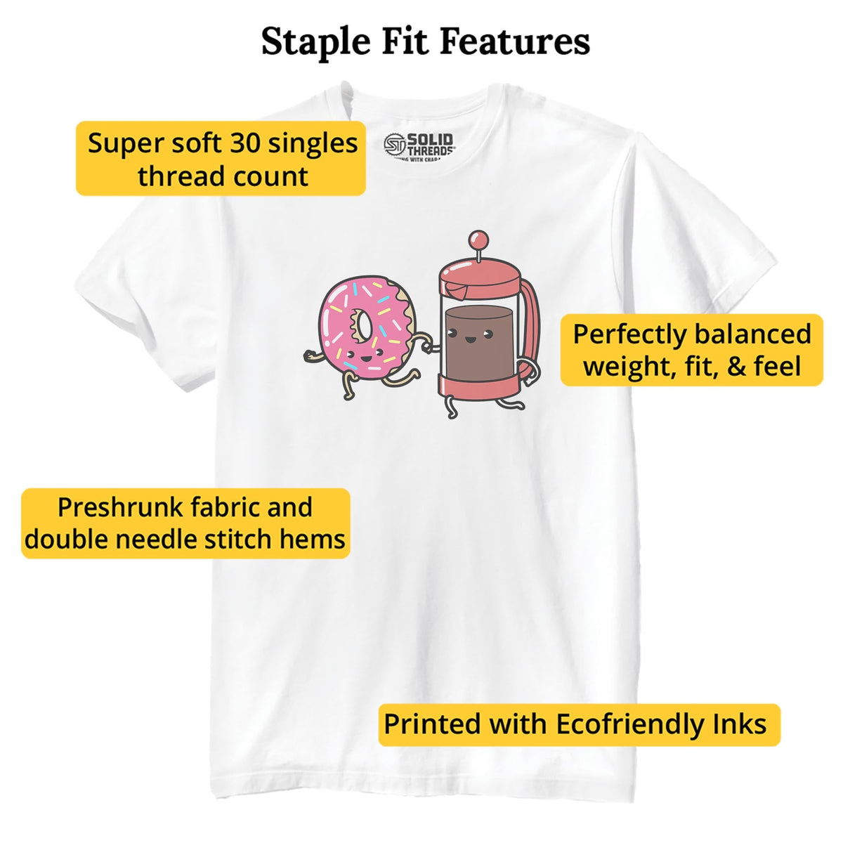 Coffee & Donut Soul Mates Designer Staple T-shirt in White - Fit Attributes