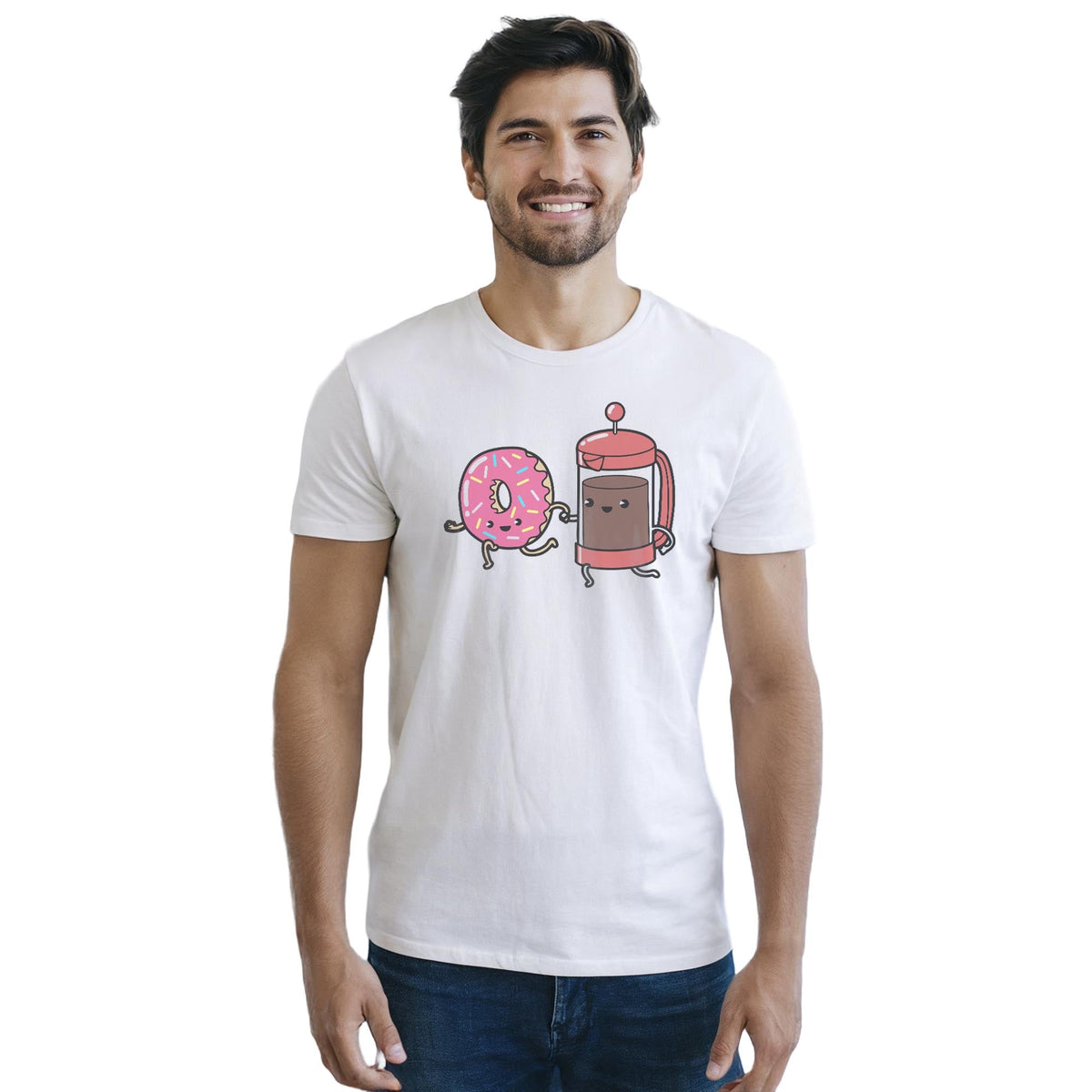 Coffee & Donut Soul Mates Designer Staple T-shirt in White On Model - Front View