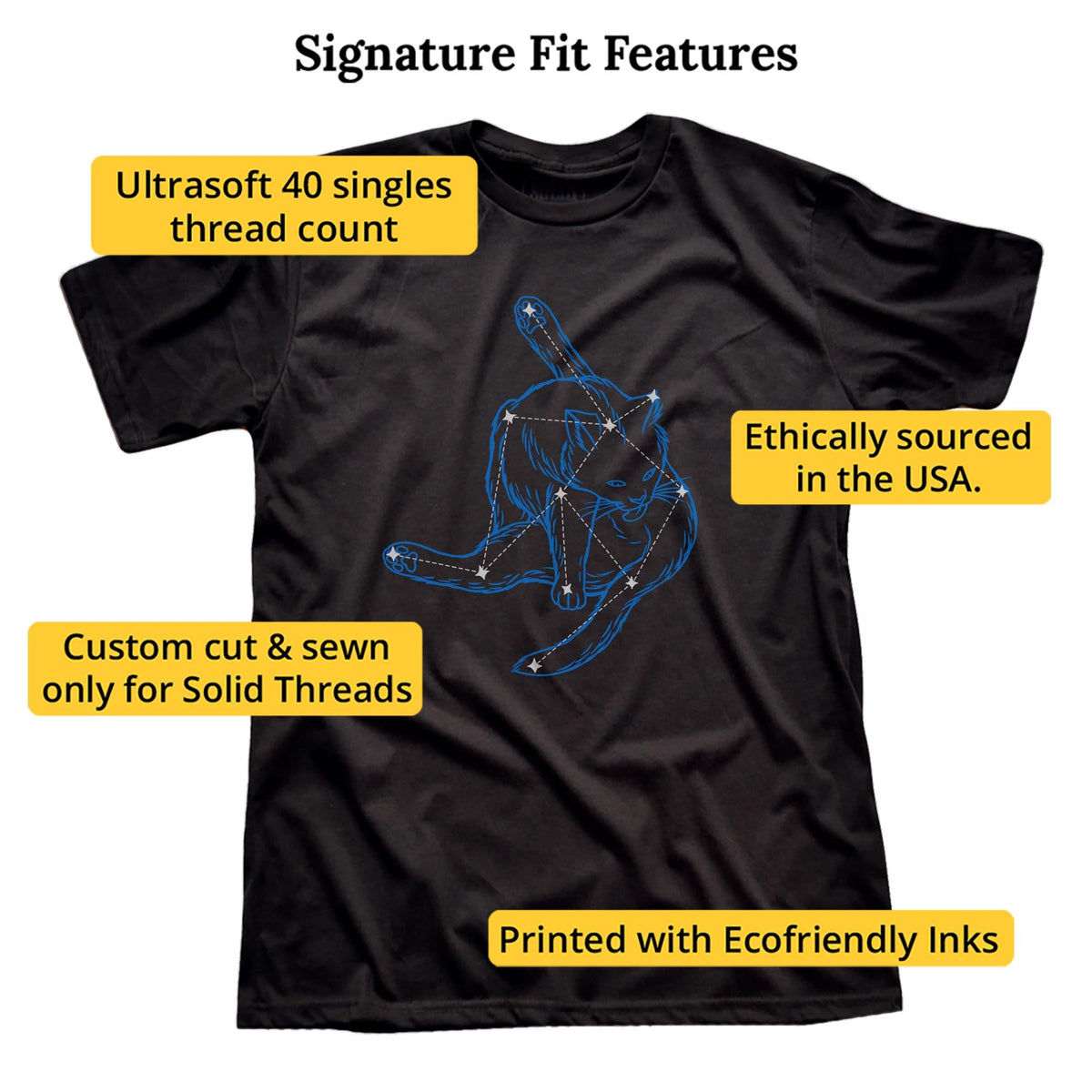 Felinius Lickus Constellation Funny Signature T-shirt in Black - Fit Attributes