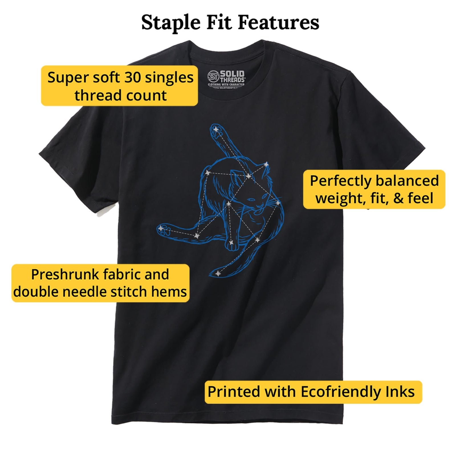 Felinius Lickus Constellation Funny Staple T-shirt in Black - Fit Attributes