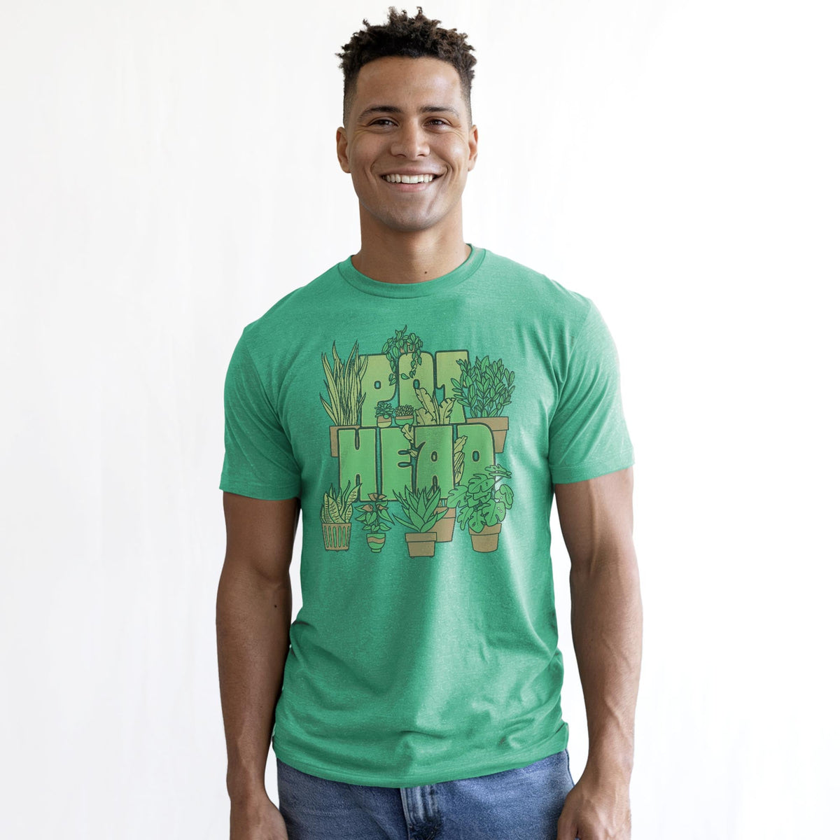Pot Head Vintage Staple T-shirt in Kelly Heather On Model - Front View