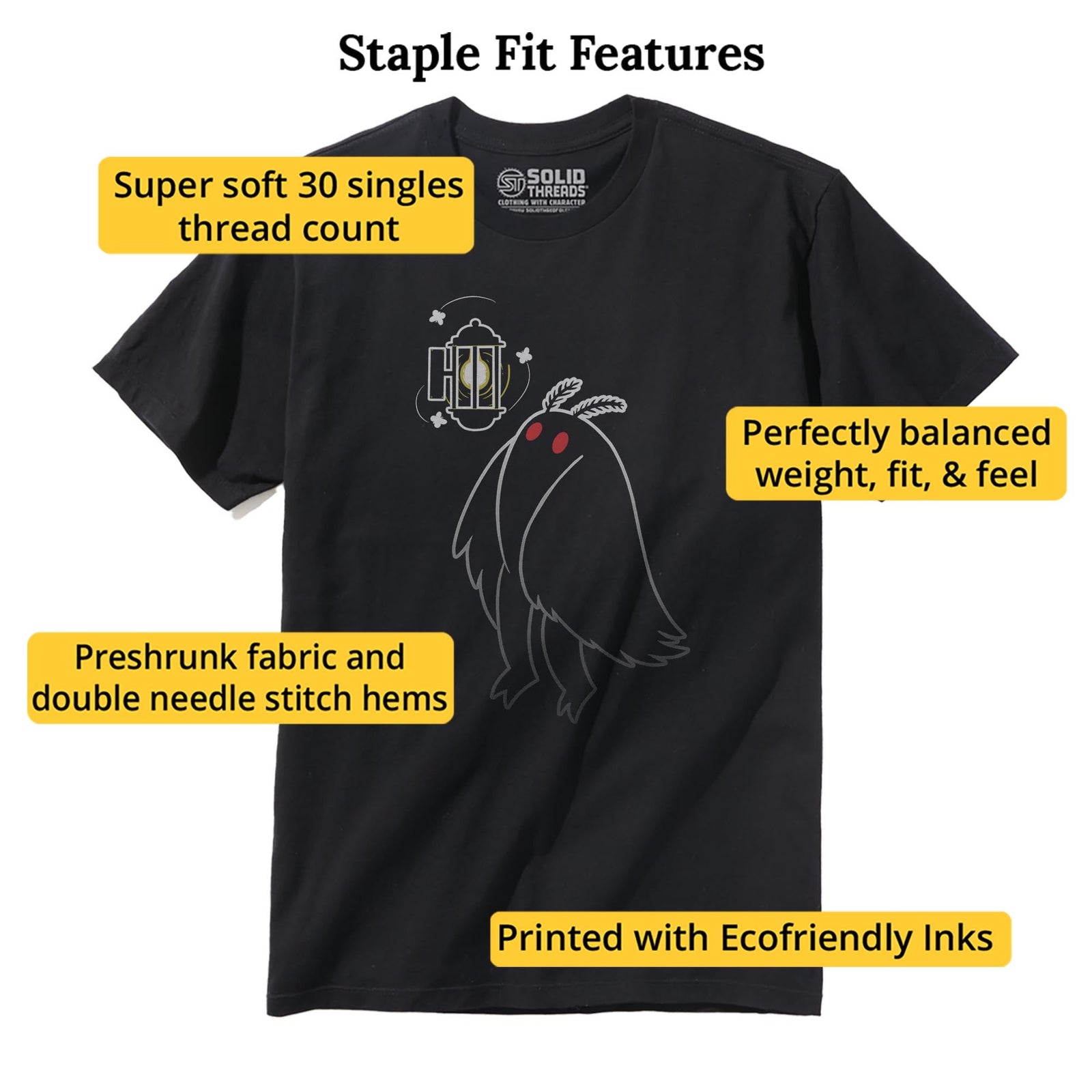 Like A Mothman To A Flame Cool Staple T-shirt in Black - Fit Attributes