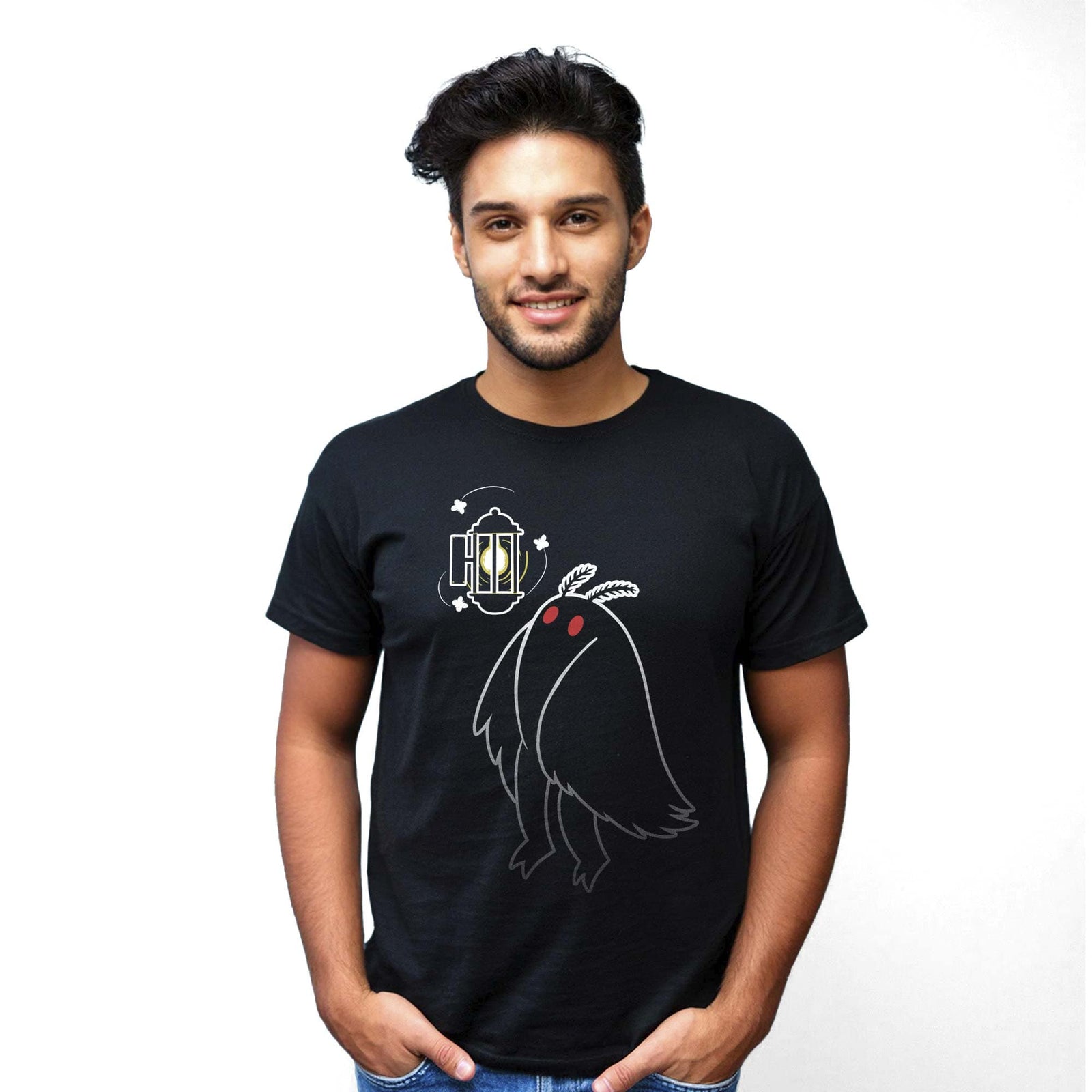 Men's Like A Mothman To A Flame Cool Graphic T-Shirt | Funny Lamp Cryptid  Tee | Solid Threads