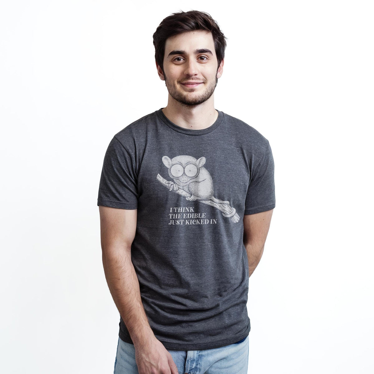 I Think The Edible Just Kicked In Funny Staple T-shirt in Charcoal Heather On Model - Front View
