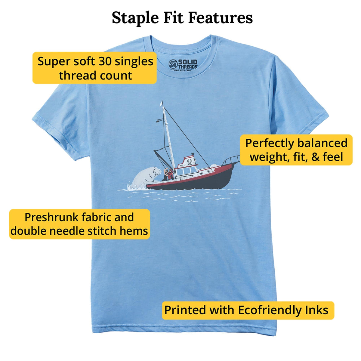 Not Exactly Jaws Designer Staple T-shirt in Light Blue Heather - Fit Attributes
