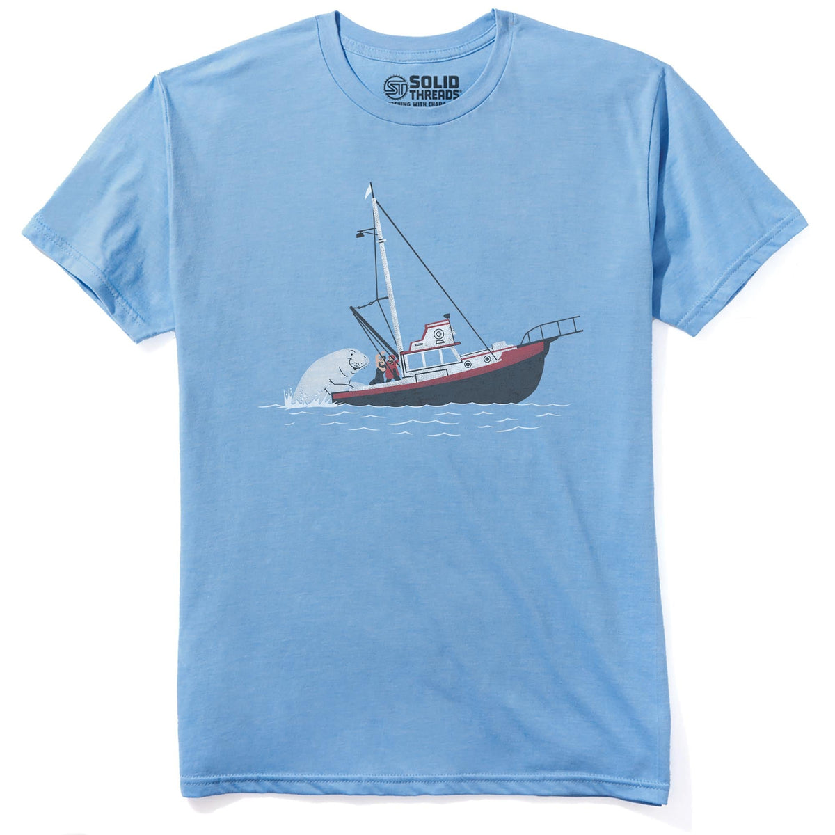 Not Exactly Jaws Designer Staple T-shirt in Light Blue Heather - Front View