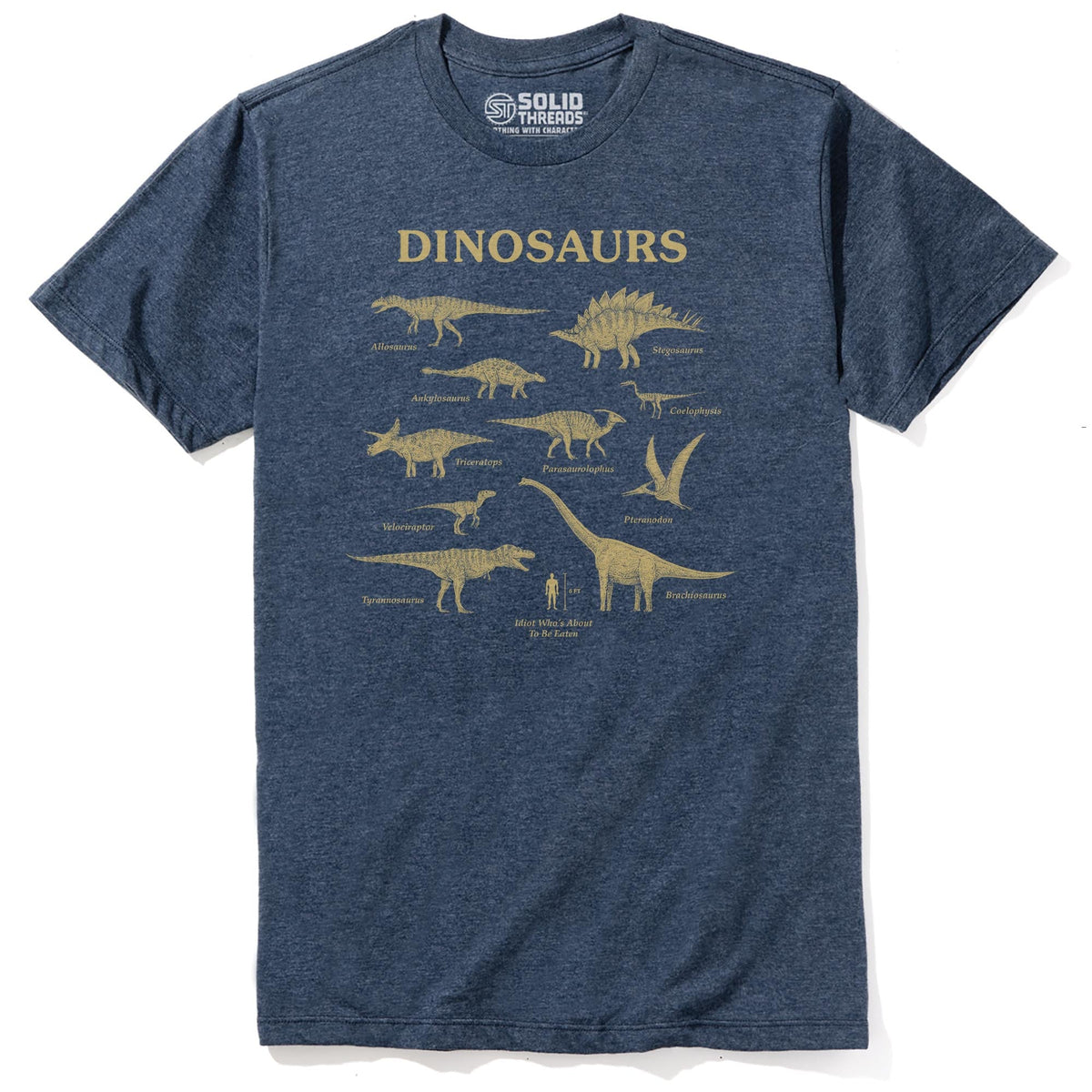 Dinosaurs &amp; Idiot Funny Staple T-shirt in Navy Heather - Front View