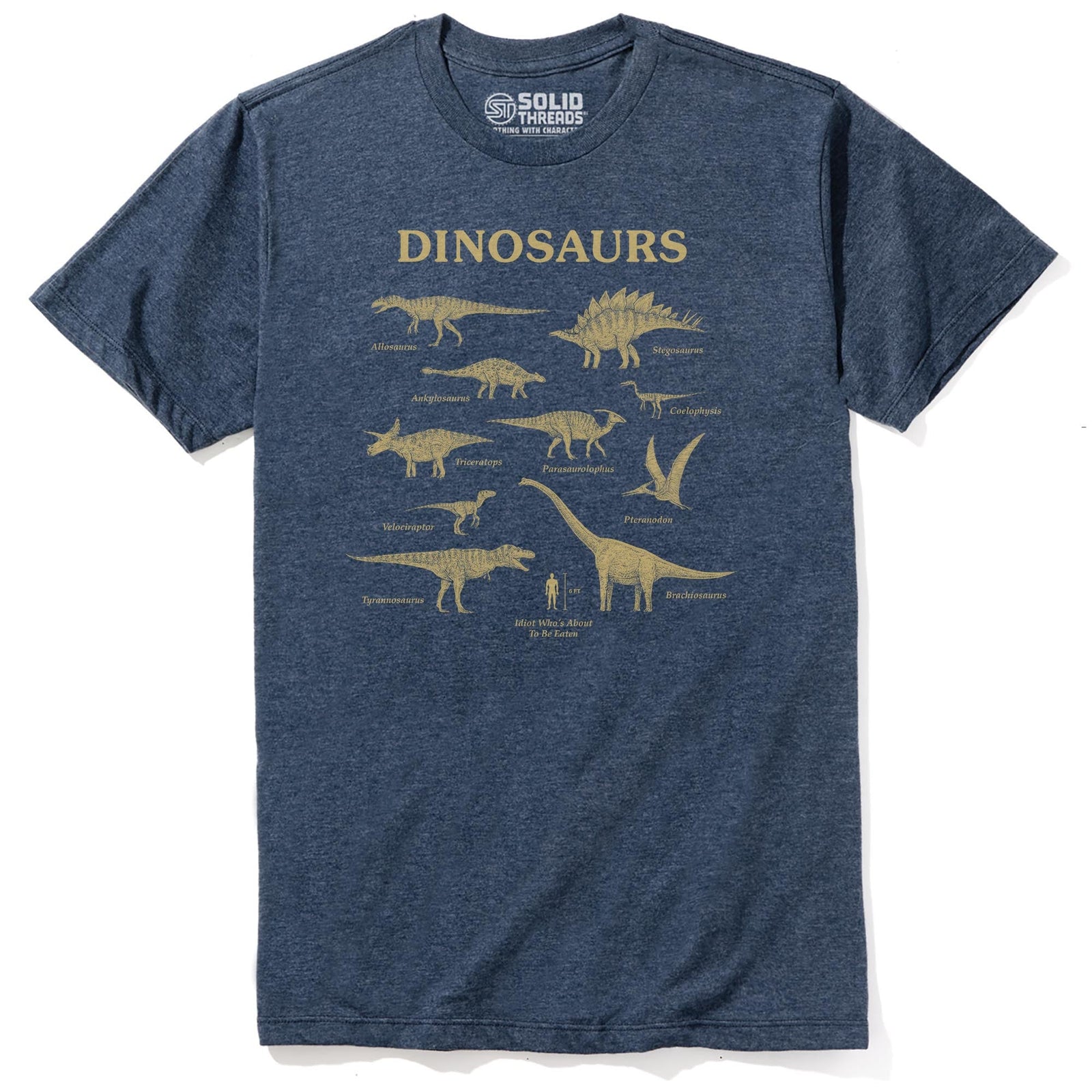 Dinosaurs & Idiot Funny Staple T-shirt in Navy Heather - Front View