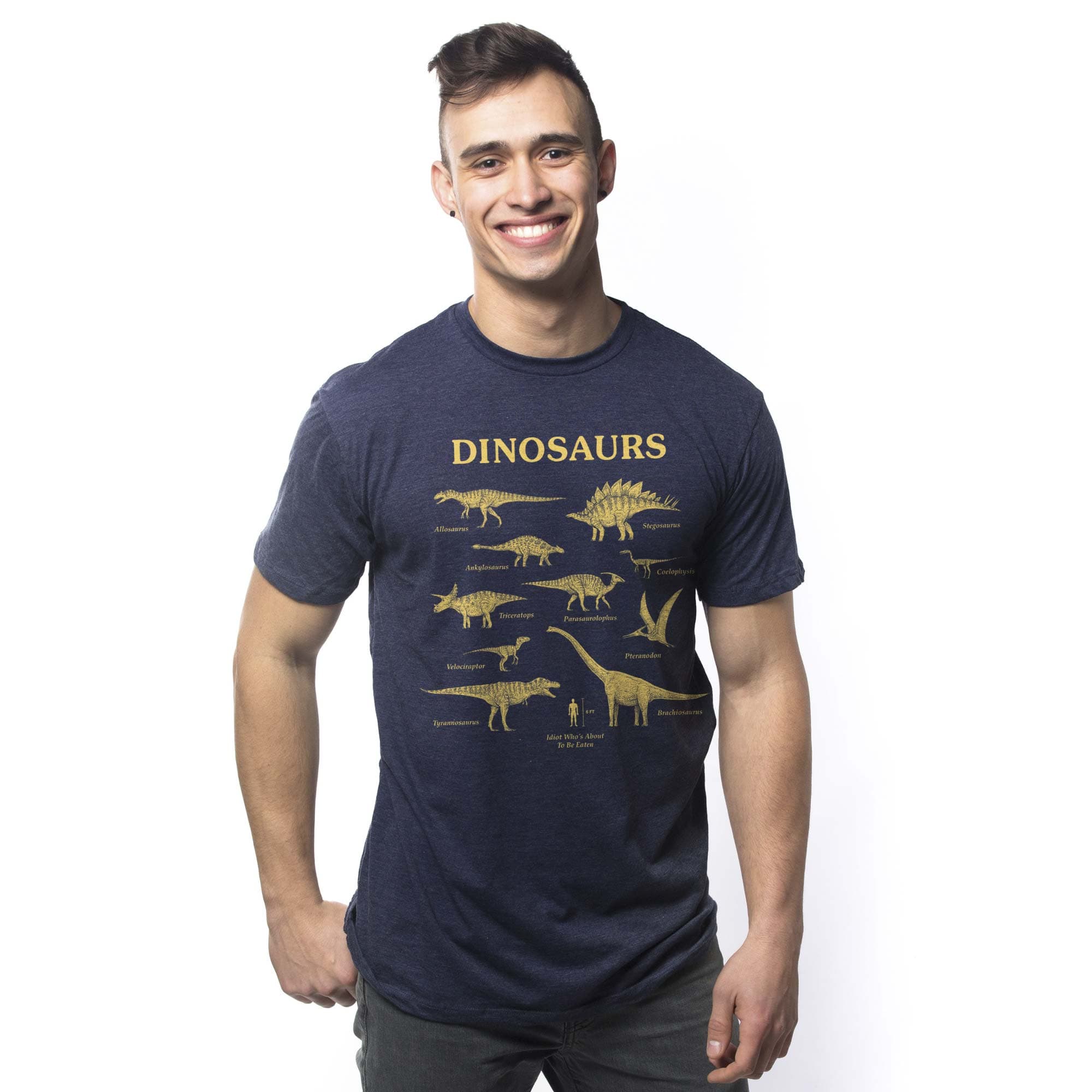 Men's Dinosaurs & Idiot Funny Paleontology Graphic T-Shirt | Cool Chart Tee On Model | Solid Threads