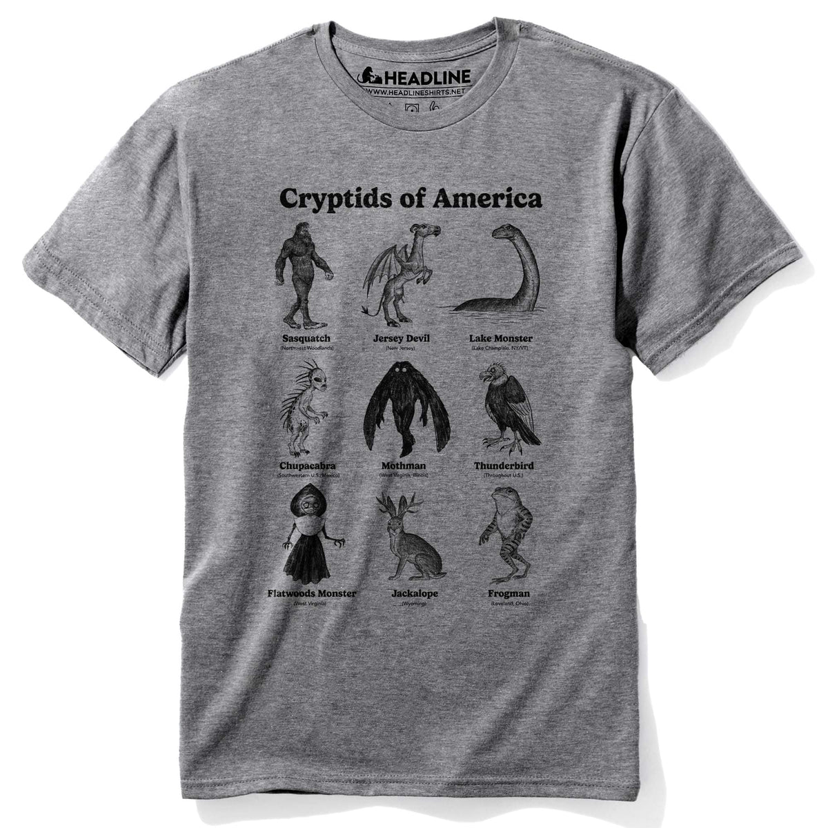 Men&#39;s Cryptids Of America Cool Graphic T-Shirt | Designer Bigfoot Chart Monsters Tee | Solid Threads