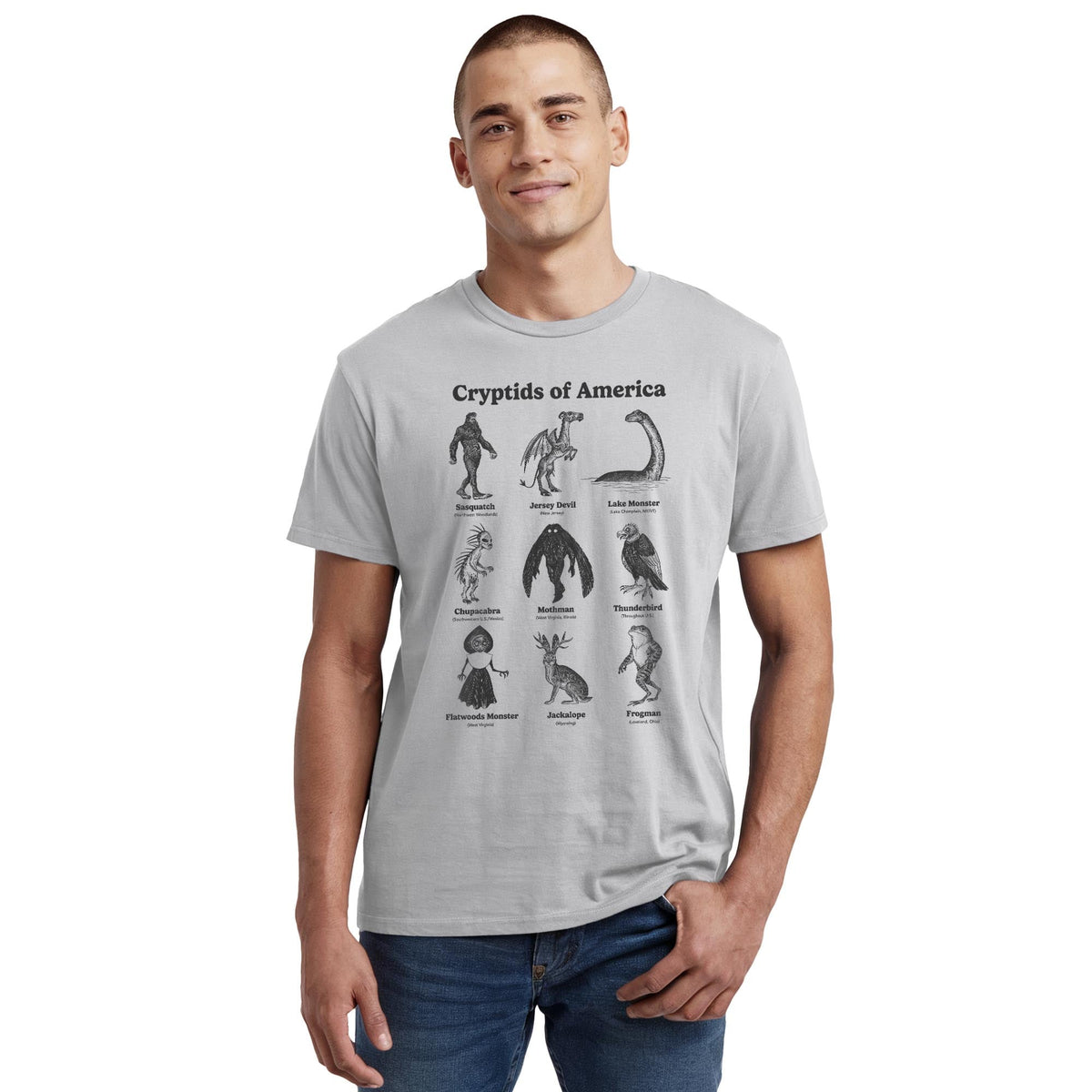 Cryptids Of America Cool Staple T-shirt in Silver On Model - Front View