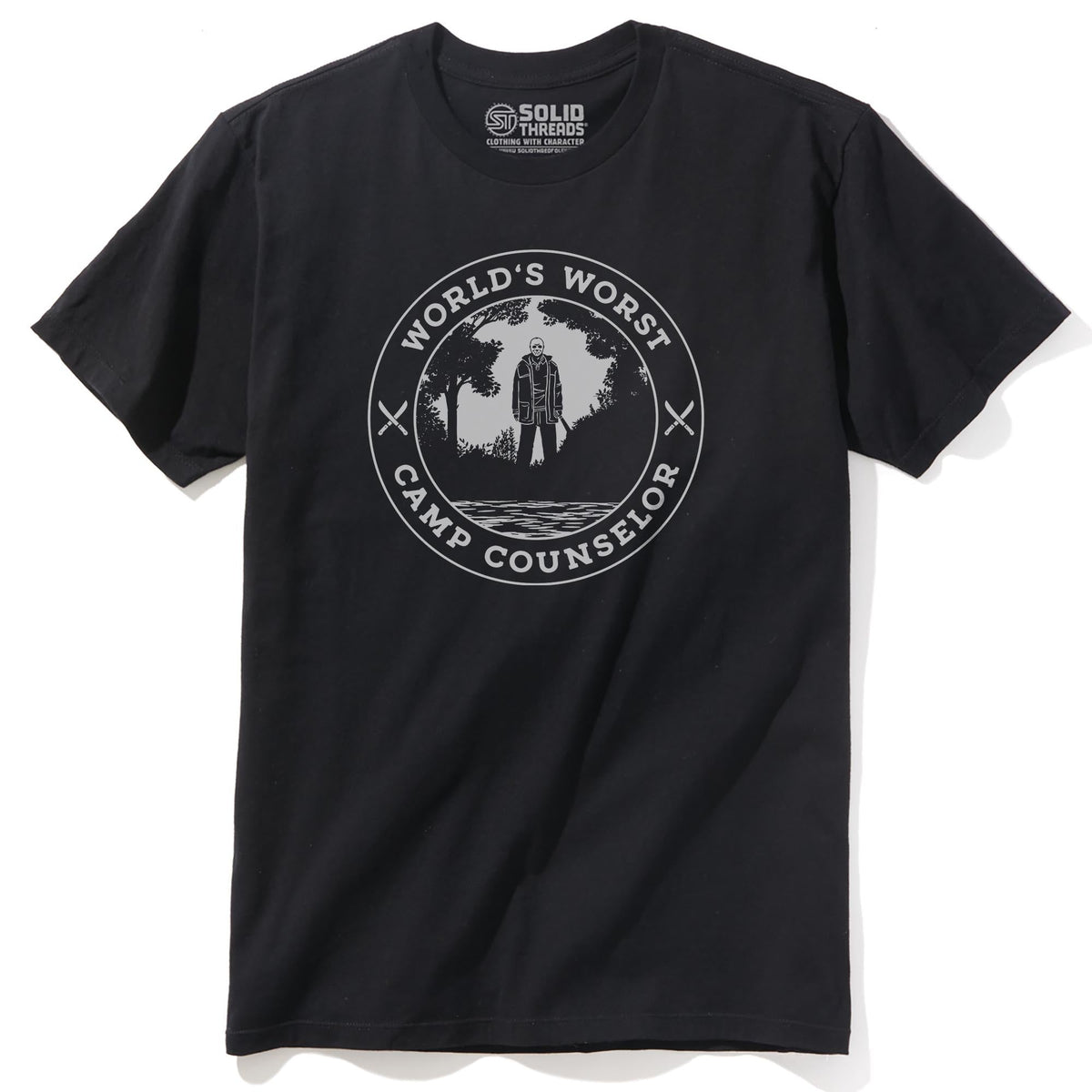 World's Worst Camp Counselor Funny Staple T-shirt in Black - Front View