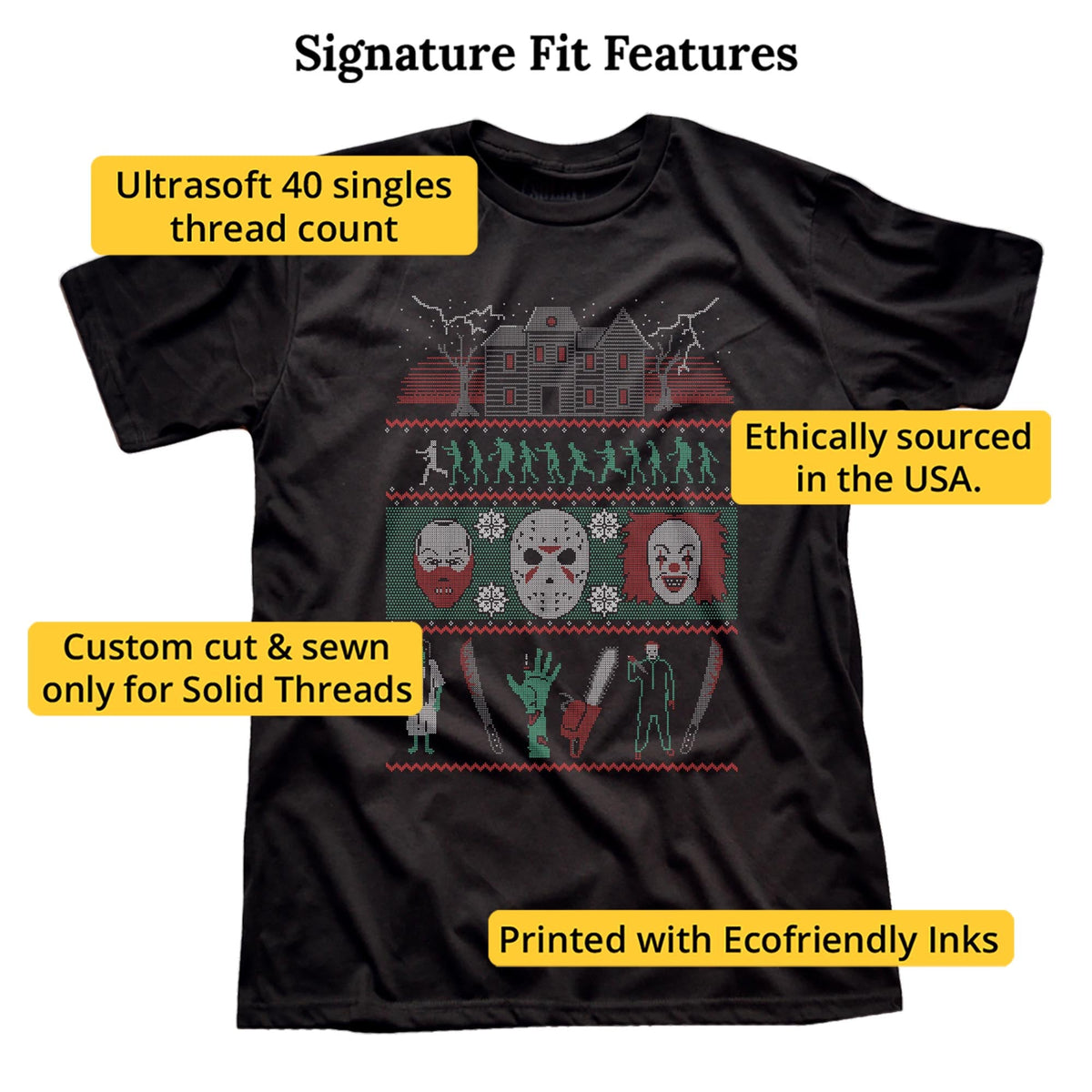 Classic Horror Xmas Sweater Designer Signature T-shirt in Black - Fit Attributes