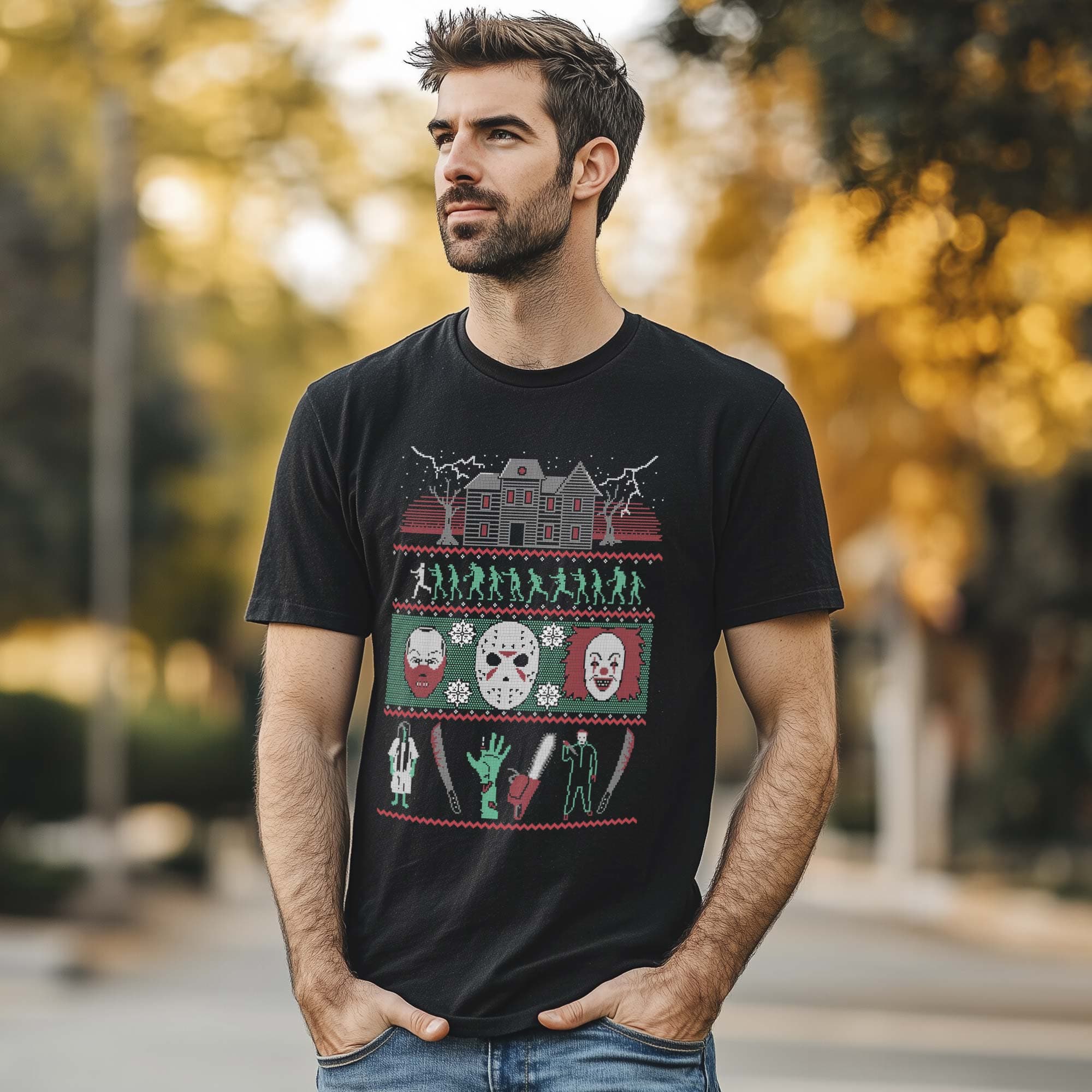 Classic Horror Xmas Sweater Designer Graphic T-Shirt | Cool Scary Movie Parody Tee On Model | Solid Threads