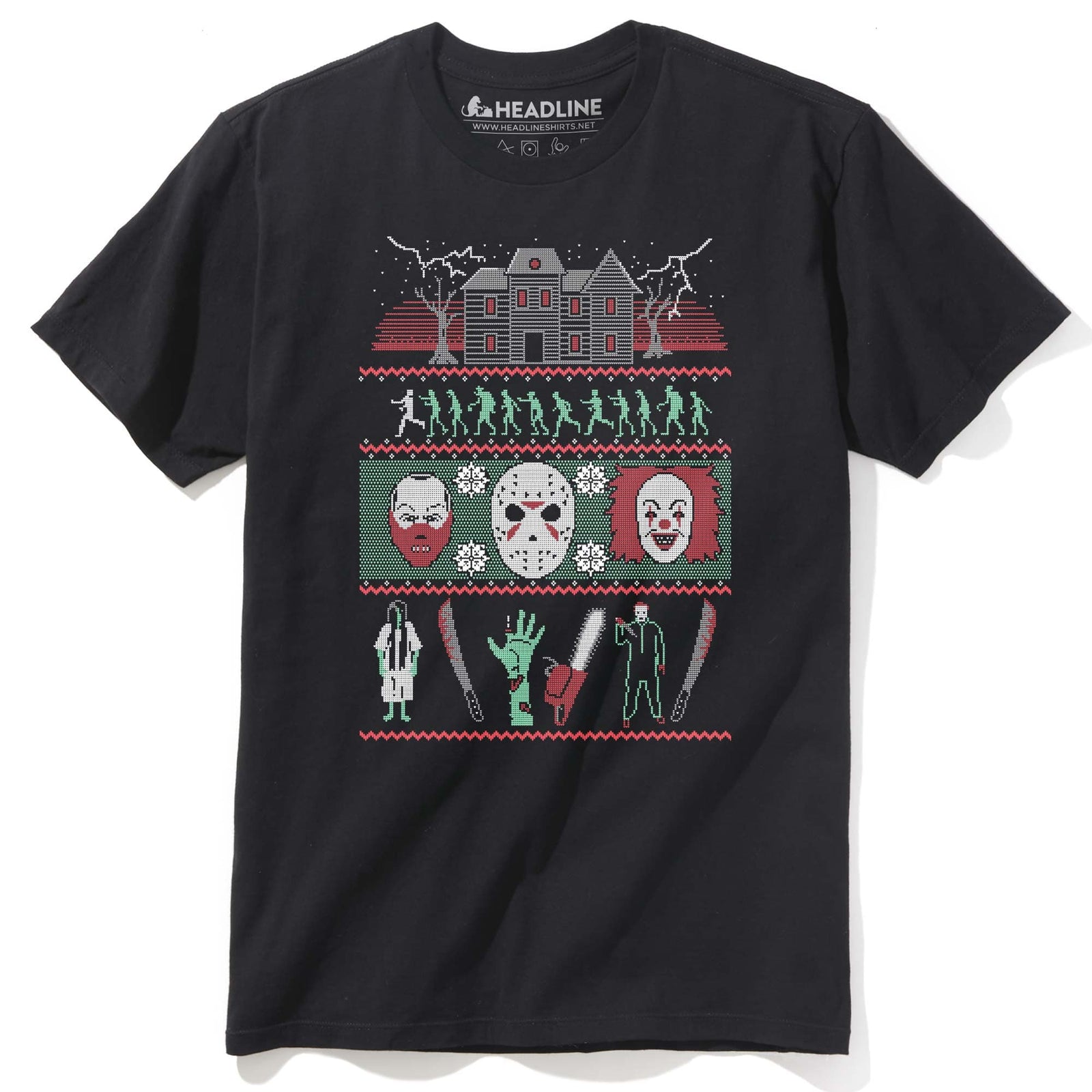 Classic Horror Xmas Sweater Designer Graphic T-Shirt | Cool Scary Movie Parody Tee | Solid Threads