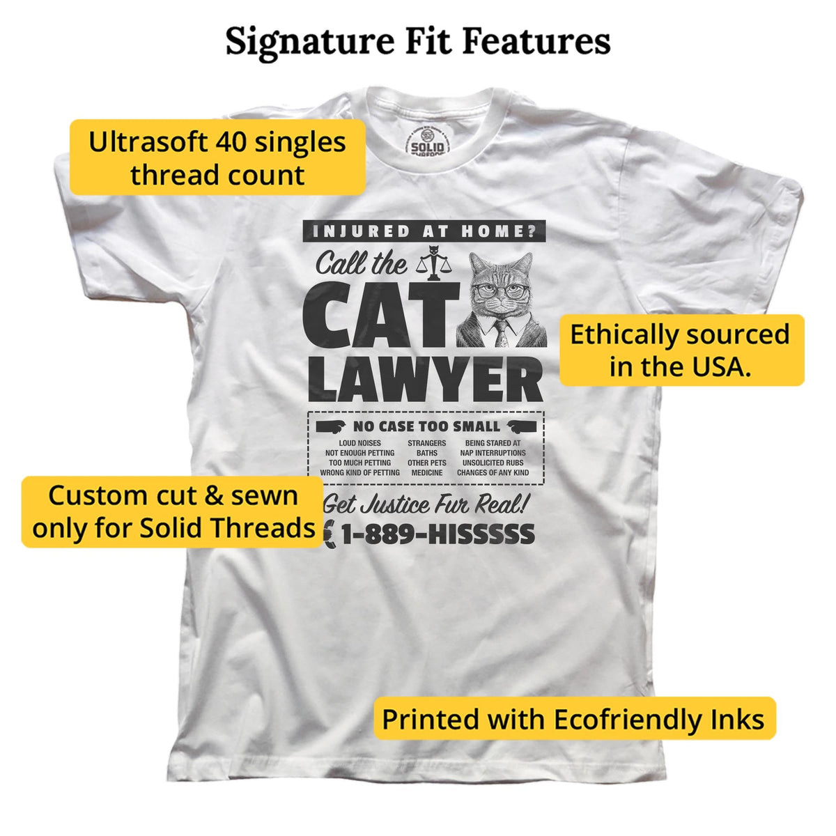 Cat Lawyer Funny Signature T-shirt in White - Fit Attributes