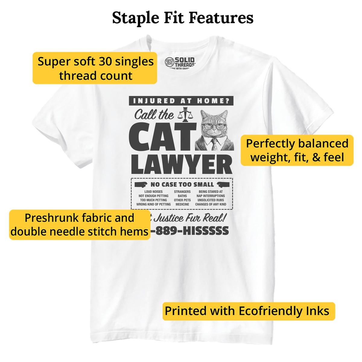 Cat Lawyer Funny Staple T-shirt in White - Fit Attributes