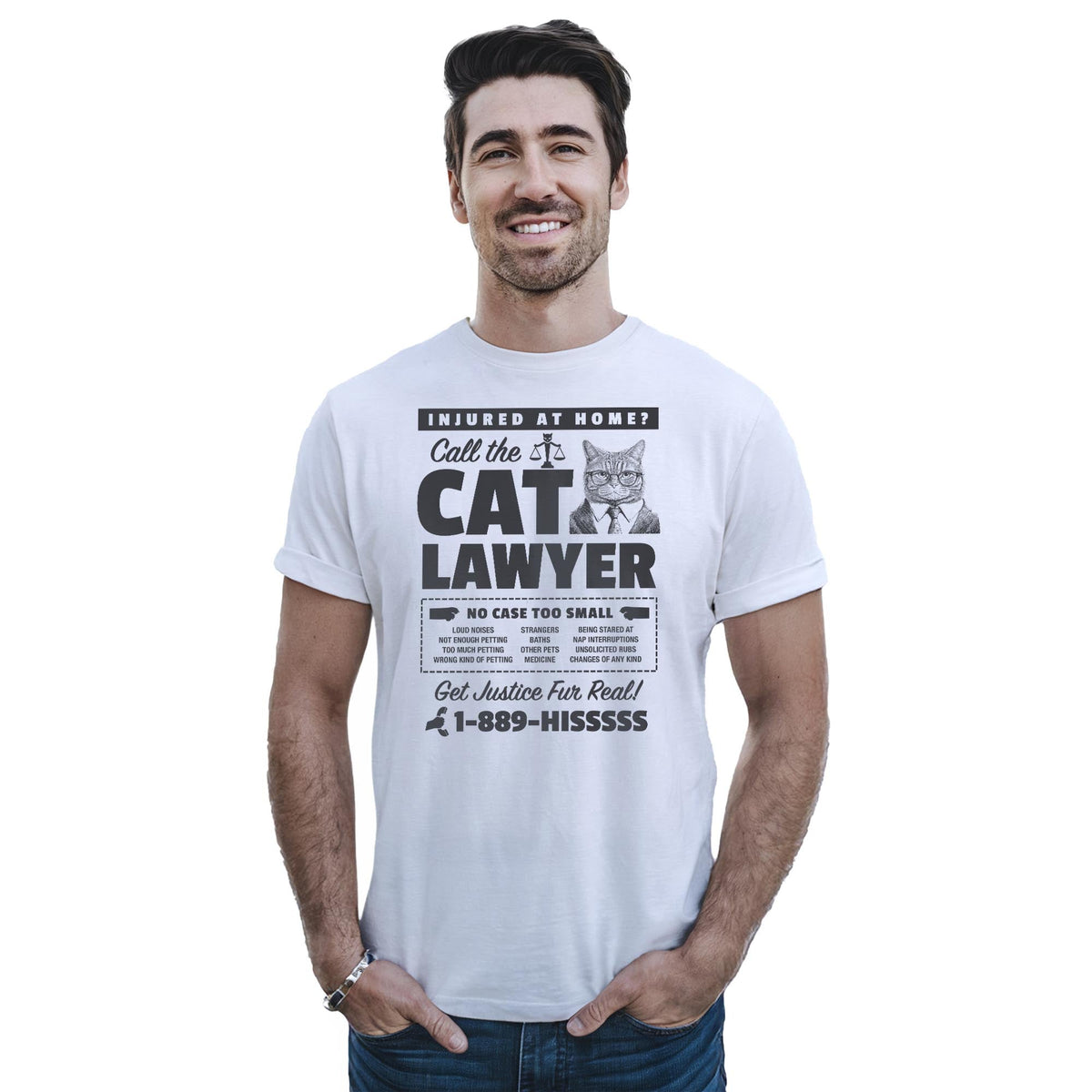 Cat Lawyer Funny Staple T-shirt in White On Model - Front View
