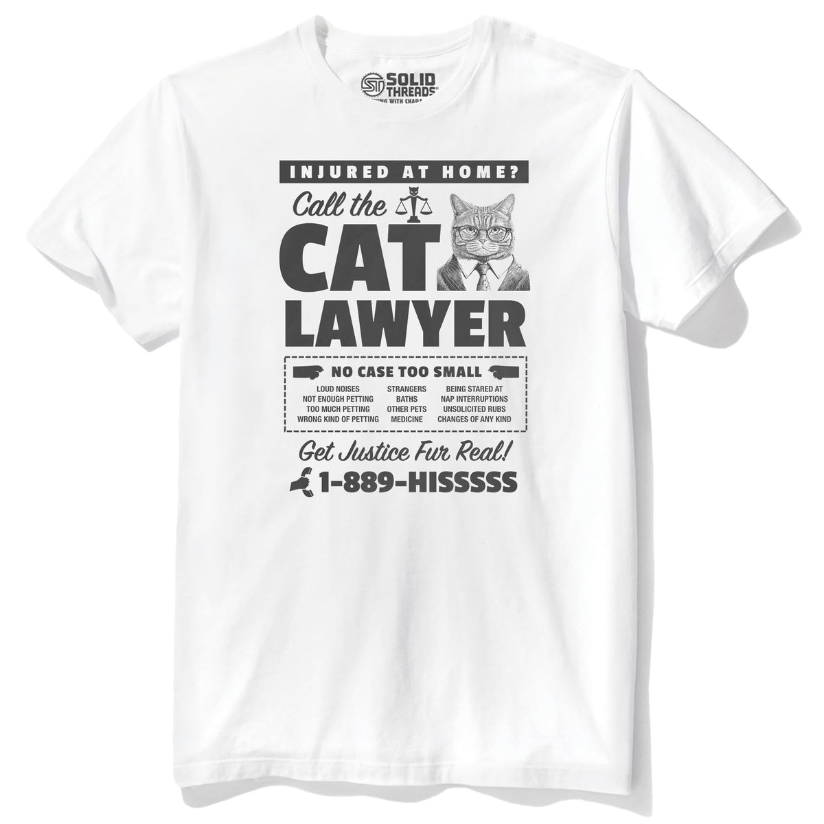 Cat Lawyer Funny Staple T-shirt in White - Front View