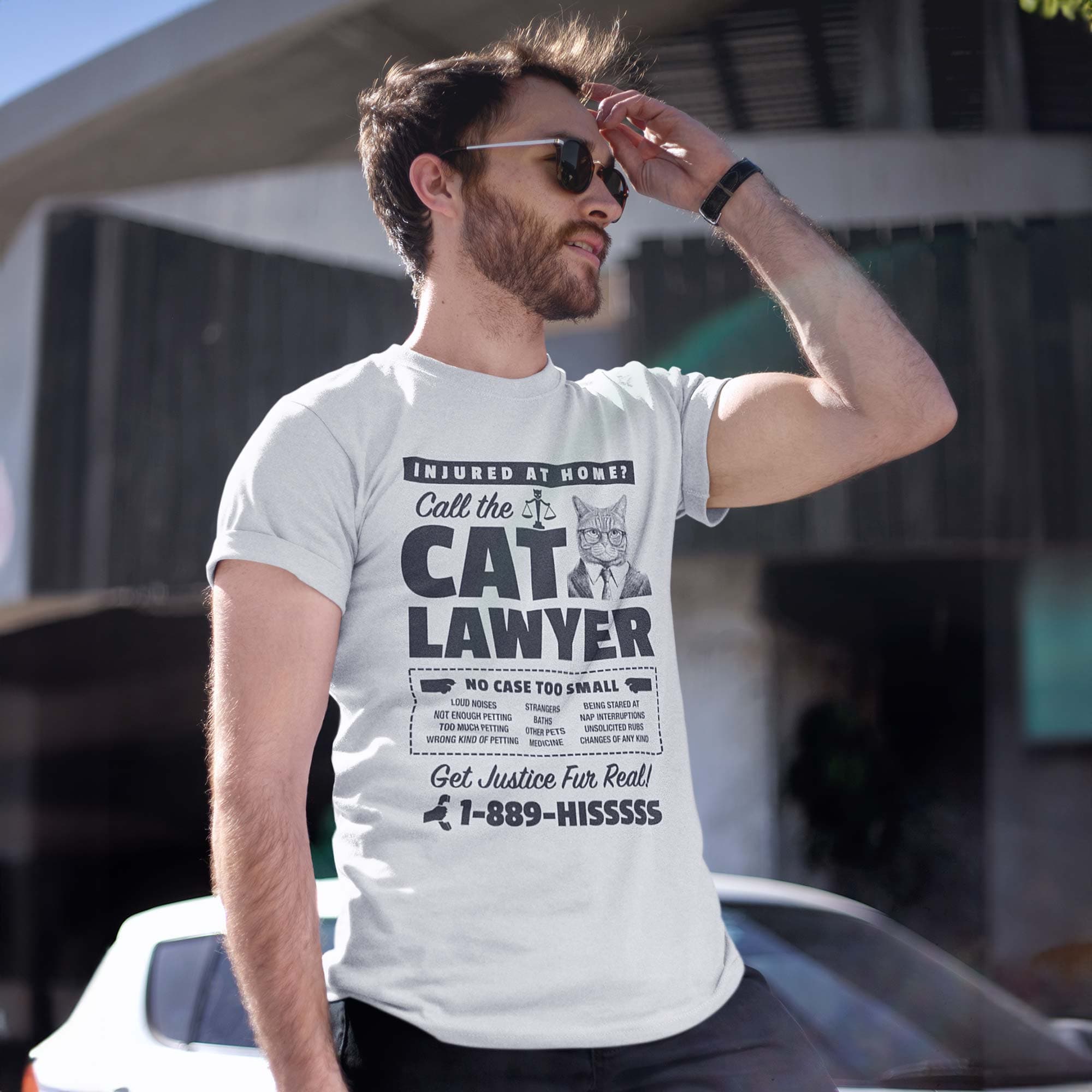 Men's Cat Lawyer Funny Graphic T-Shirt | Vintage Advertisement Suit Glasses Tee | Solid Threads