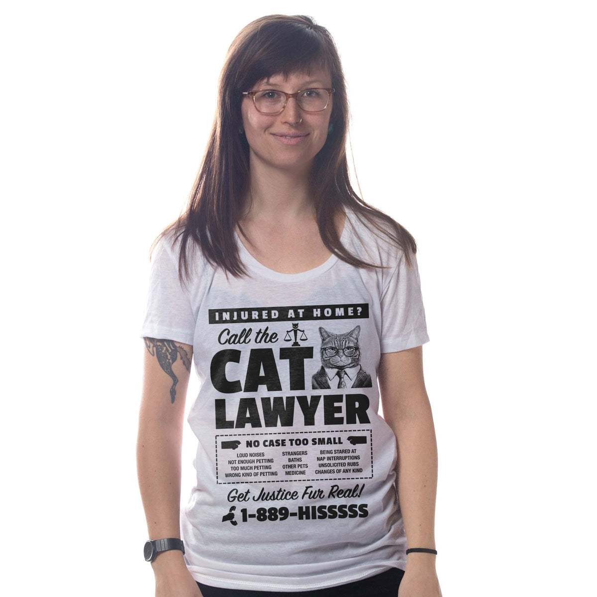 Women's Cat Lawyer Funny Graphic T-Shirt | Vintage Advertisement Glasses Tee On Model | Solid Threads