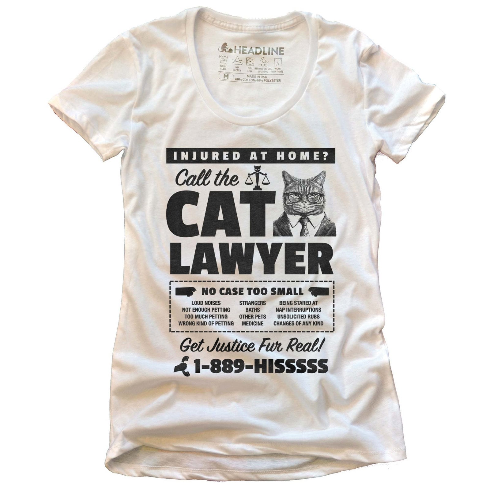Women's Cat Lawyer Funny Graphic T-Shirt | Vintage Advertisement Suit Glasses Tee | Solid Threads