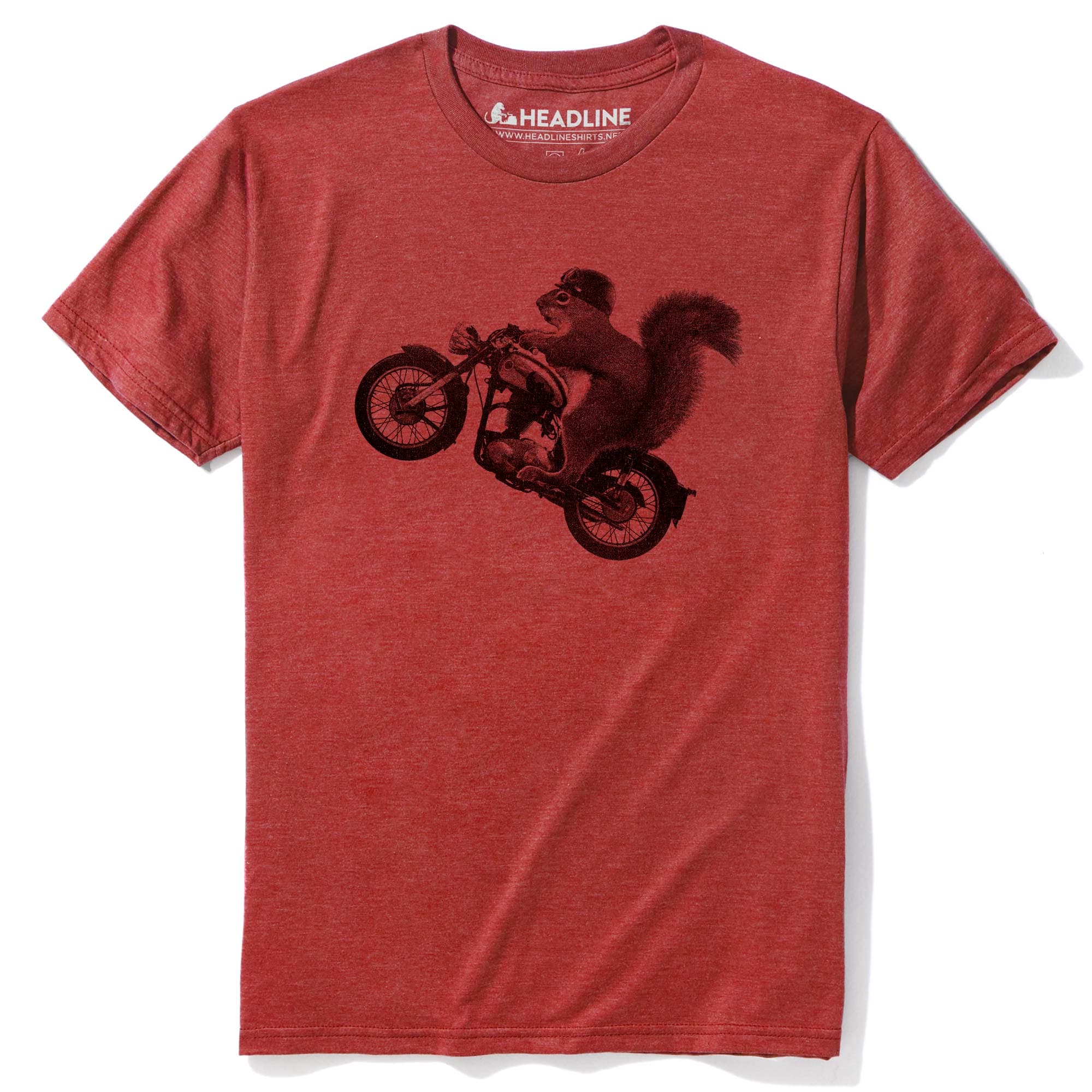 A red shirt with a black graphic of a squirrel riding a motorcycle