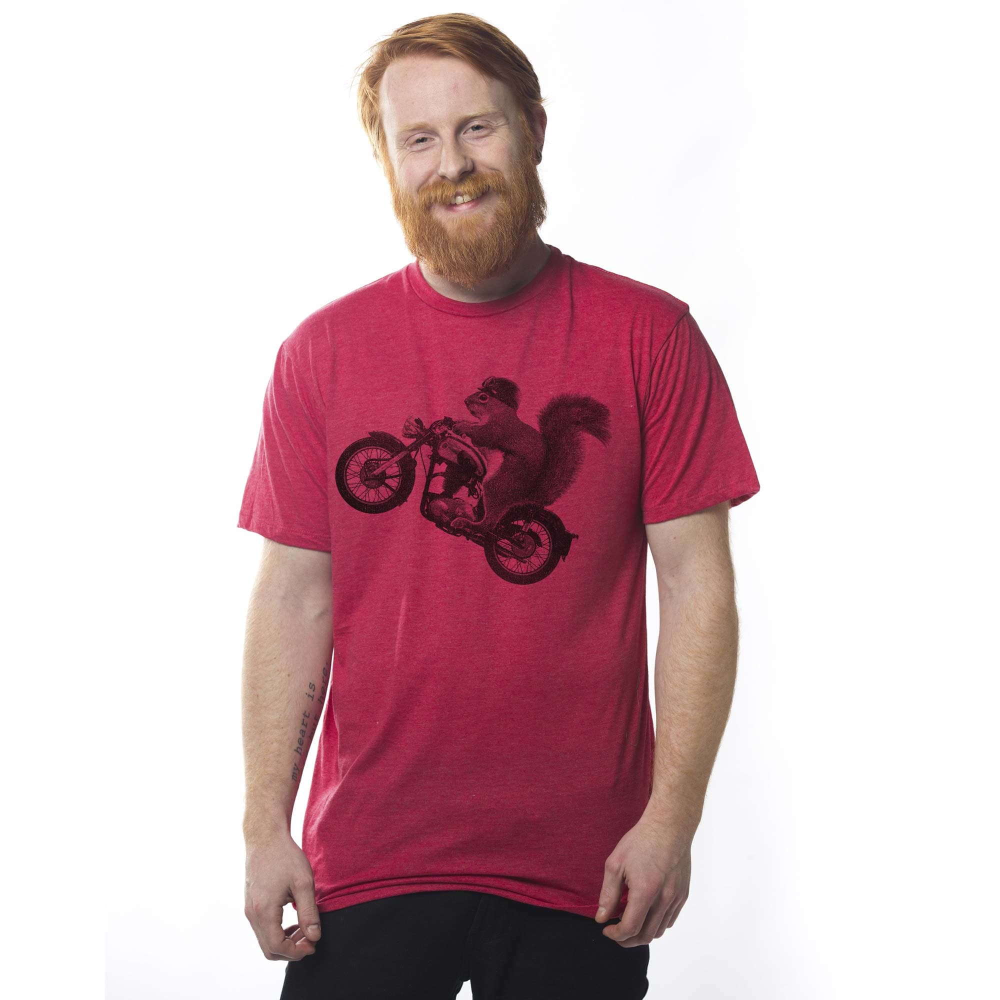 Men's Fuzzy Rider Cool Graphic T-Shirt | Vintage Squirrel Motorcycle Tee On Model | Solid Threads