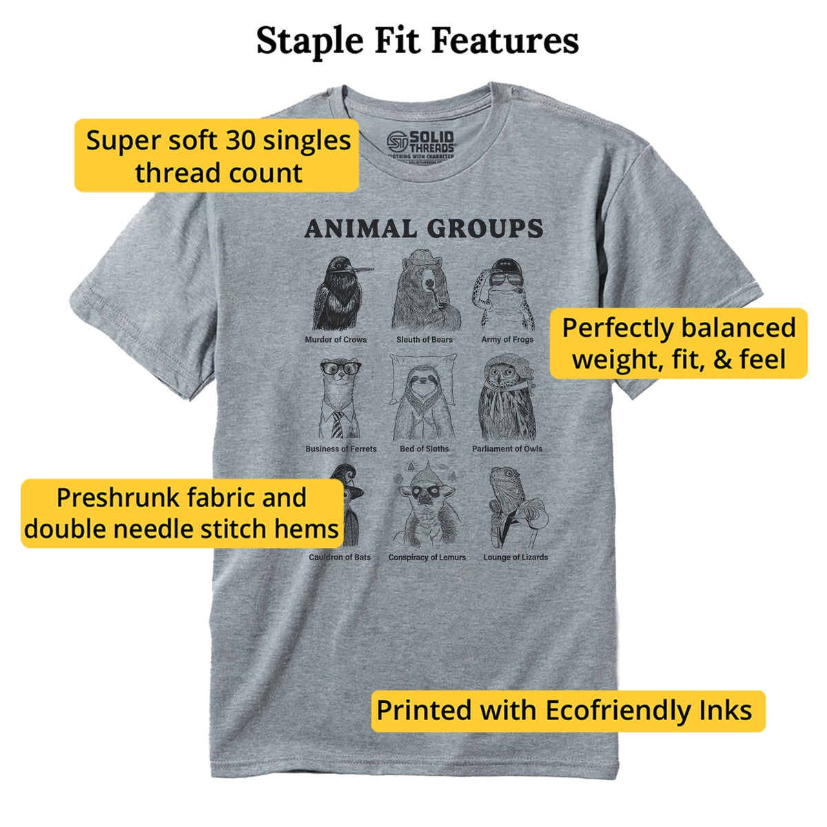 Animal Groups Funny Staple T-shirt in Ash Heather - Fit Attributes