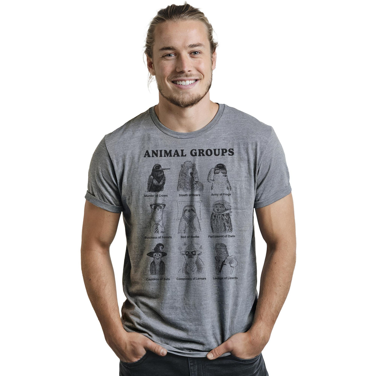 Animal Groups Funny Staple T-shirt in Ash Heather On Model - Front View