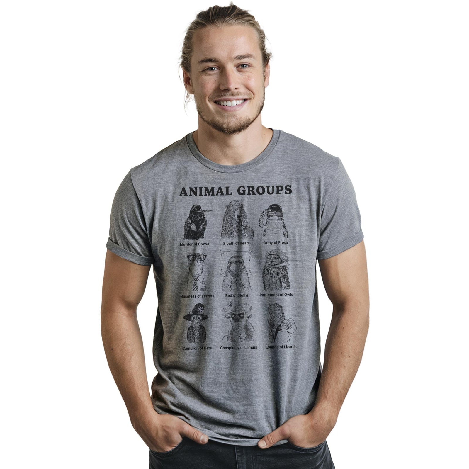 Animal Groups Funny Staple T-shirt in Ash Heather On Model - Front View