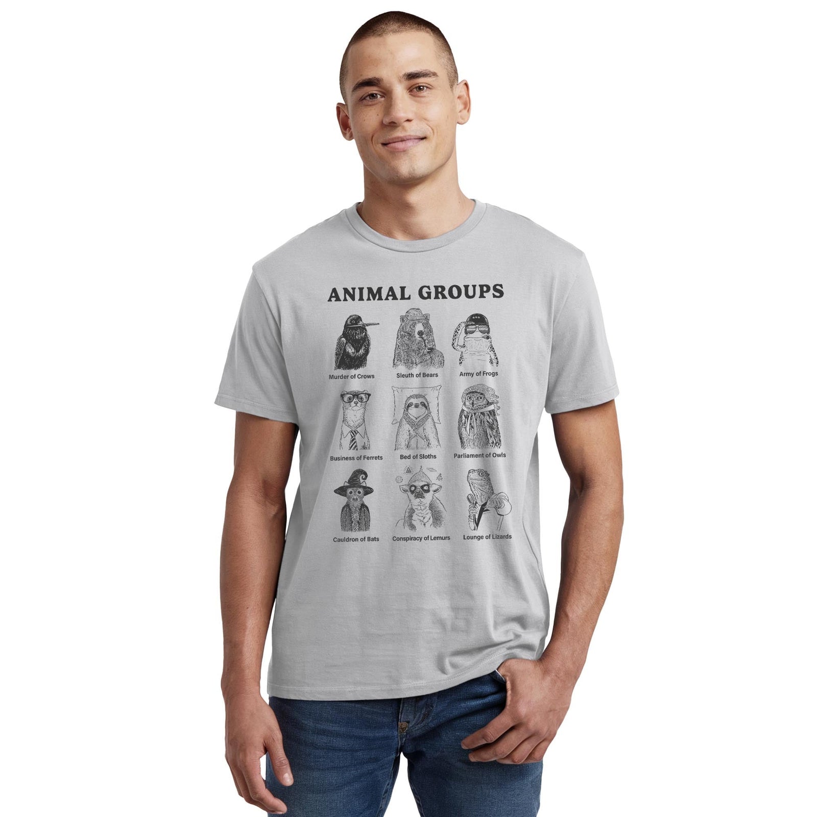 Animal Groups Funny Staple T-shirt in Silver On Model - Front View