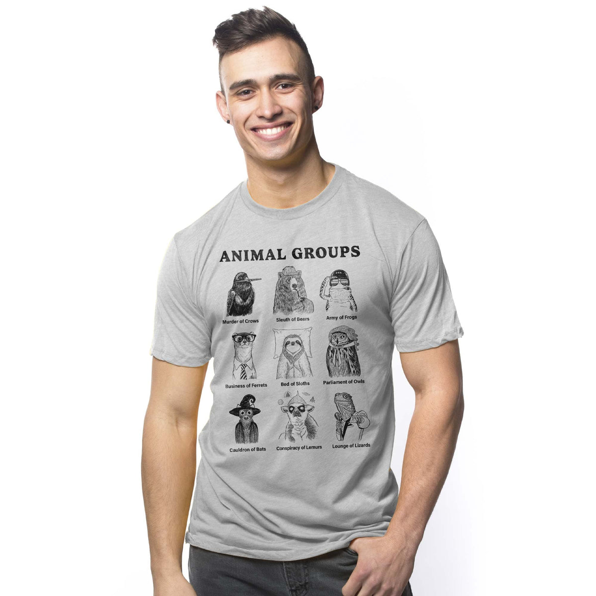 Men's Animal Groups Funny Nerdy Graphic T-Shirt | Cool Pun Names Tee On Model | Solid Threads