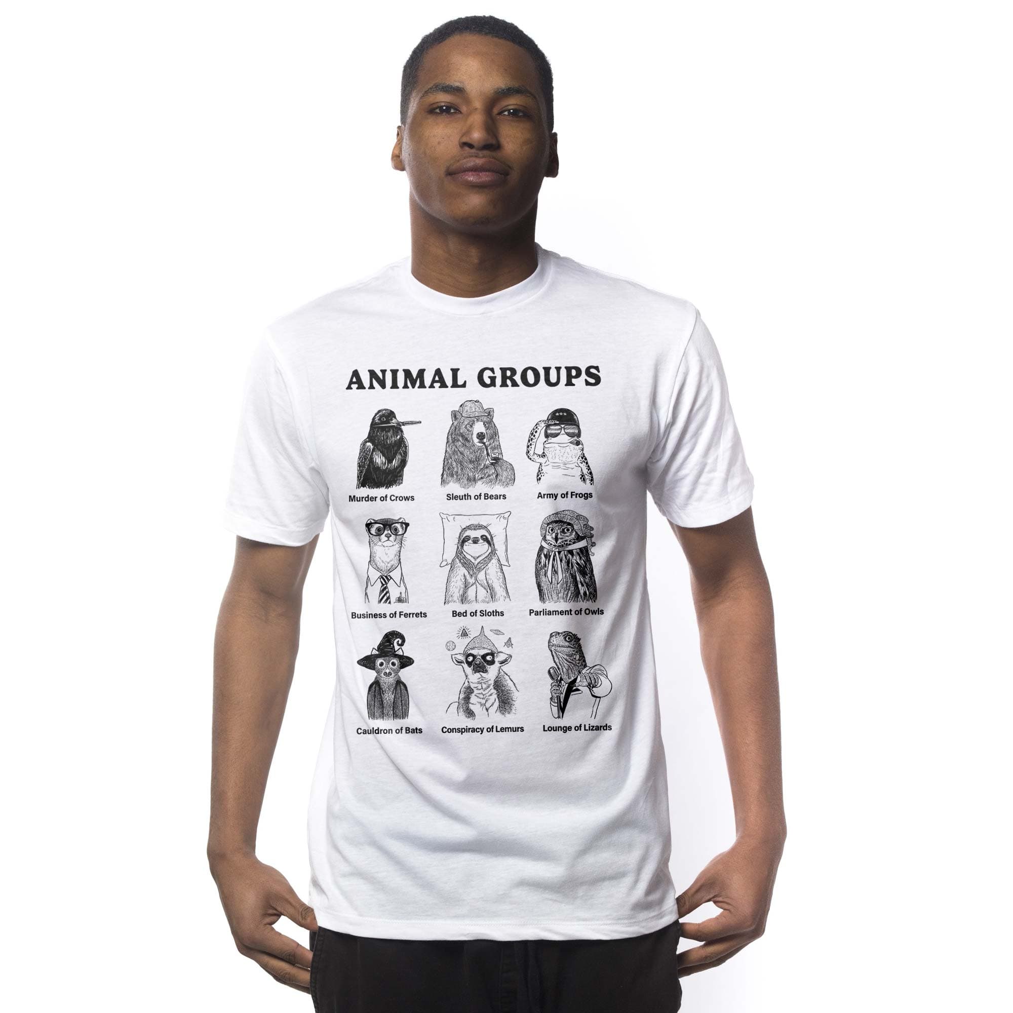 Men's Animal Groups Funny Nerdy Graphic T-Shirt | Cool Pun Names Tee On Model | Solid Threads