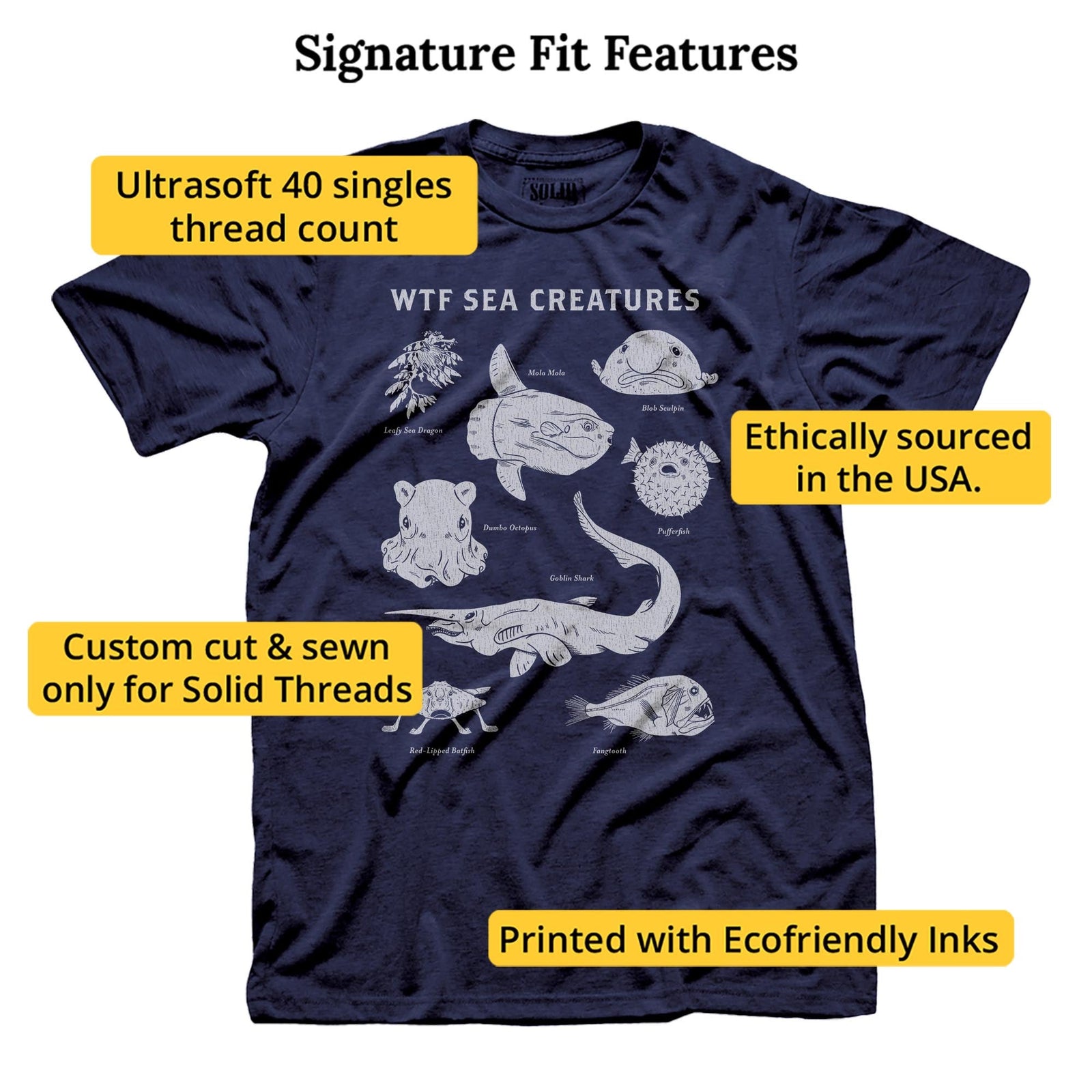 Wtf Sea Creatures Cool Signature T-shirt in Navy - Fit Attributes