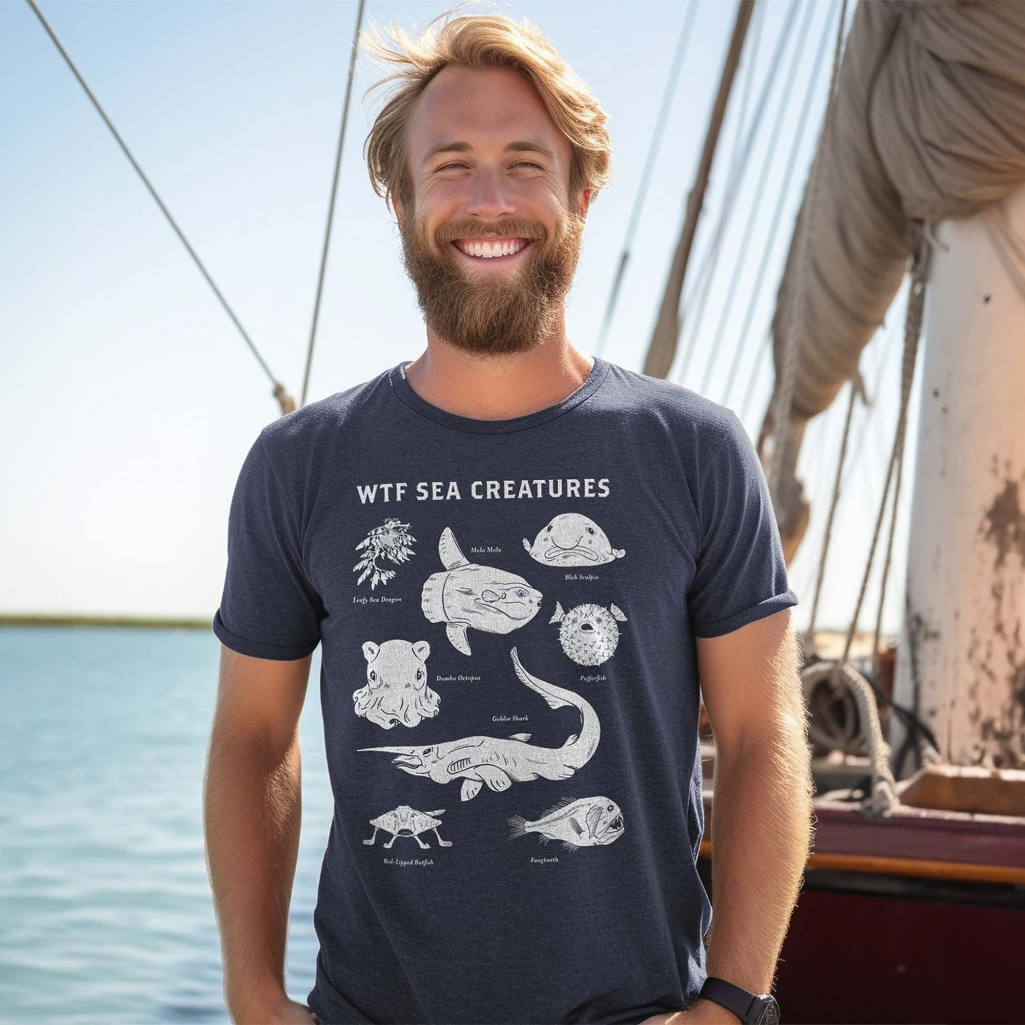 WTF Sea Creatures Cool Graphic T-Shirt | Designer Blobfish Ocean Tee Navy / Medium