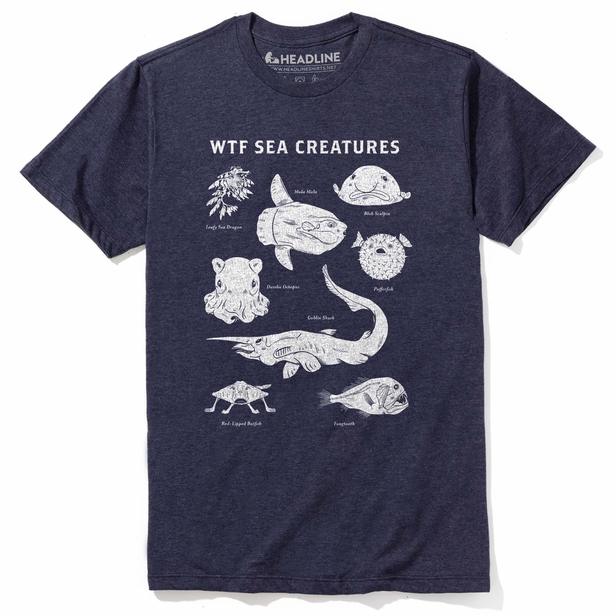 Men's Wtf Sea Creatures Cool Graphic T-Shirt | Designer Blobfish Chart Ocean Tee | Solid Threads