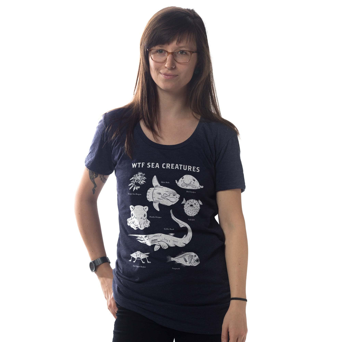 Women's Wtf Sea Creatures Cool Graphic T-Shirt | Designer Blobfish Ocean Tee On Model | Solid Threads