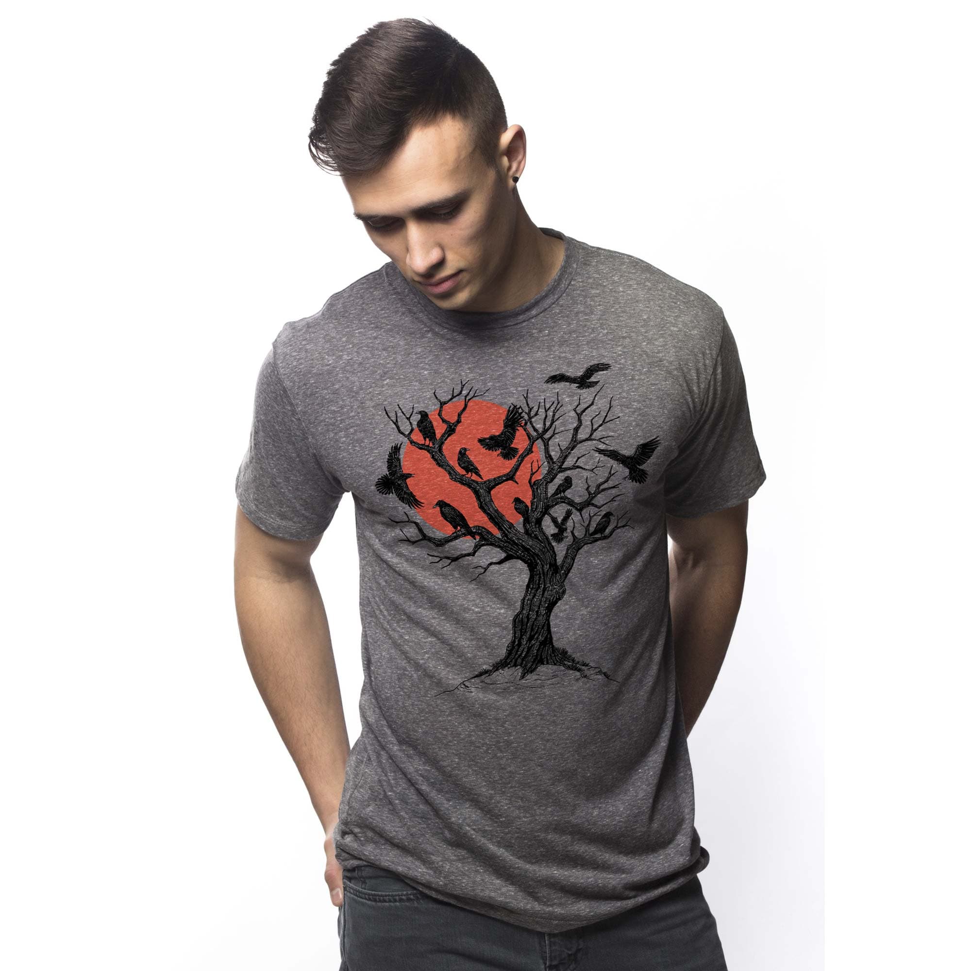 Men's Murder At Sunset Designer Graphic T-Shirt | Cool Crows Tree Tee On Model | Solid Threads