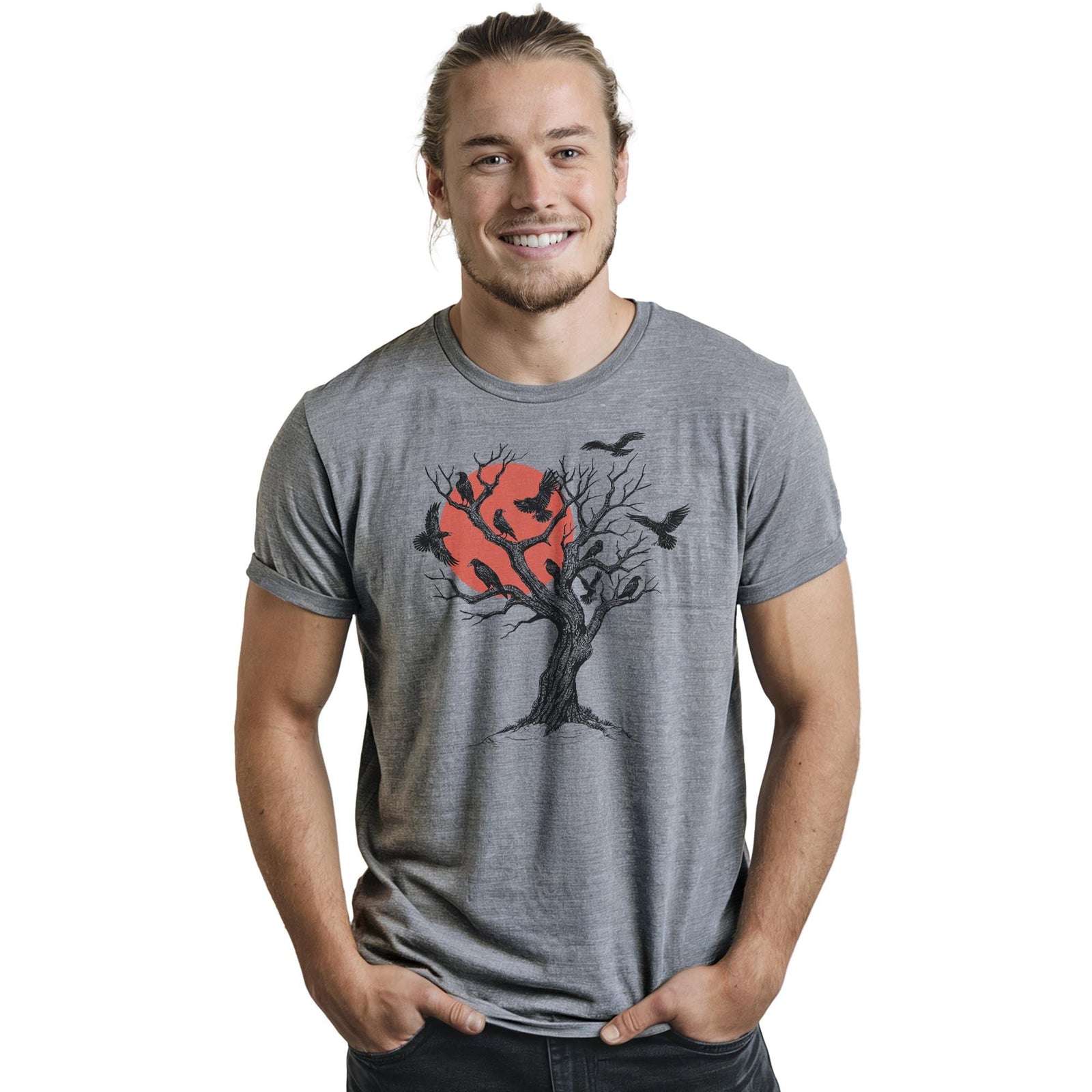 Murder At Sunset Designer Staple T-shirt in Ash Heather On Model - Front View