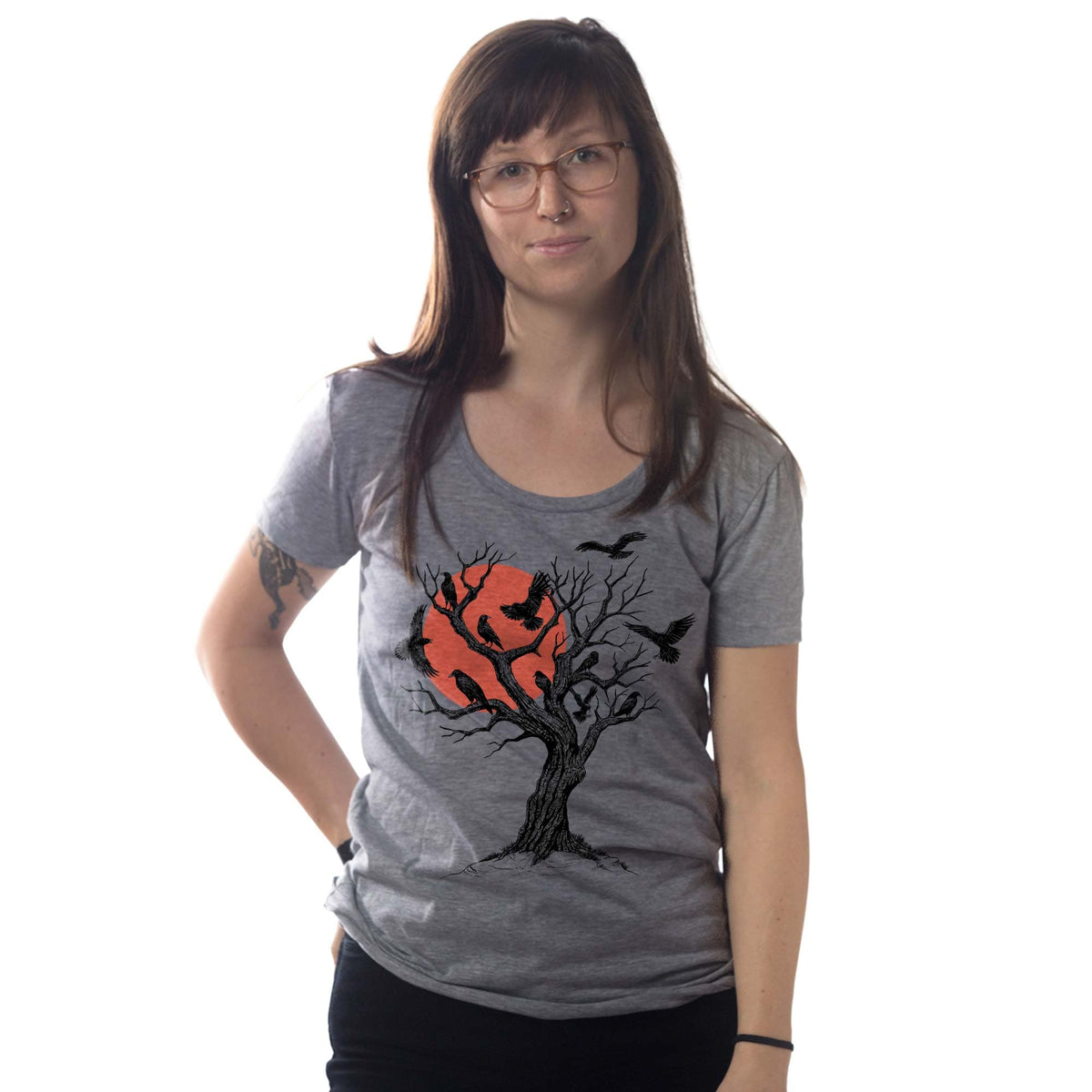 Women's Murder At Sunset Designer Graphic T-Shirt | Cool Crows Tree Tee On Model | Solid Threads