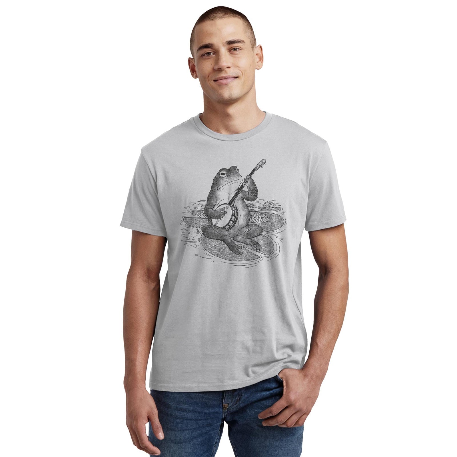 Country Frog Designer Staple T-shirt in Silver On Model - Front View