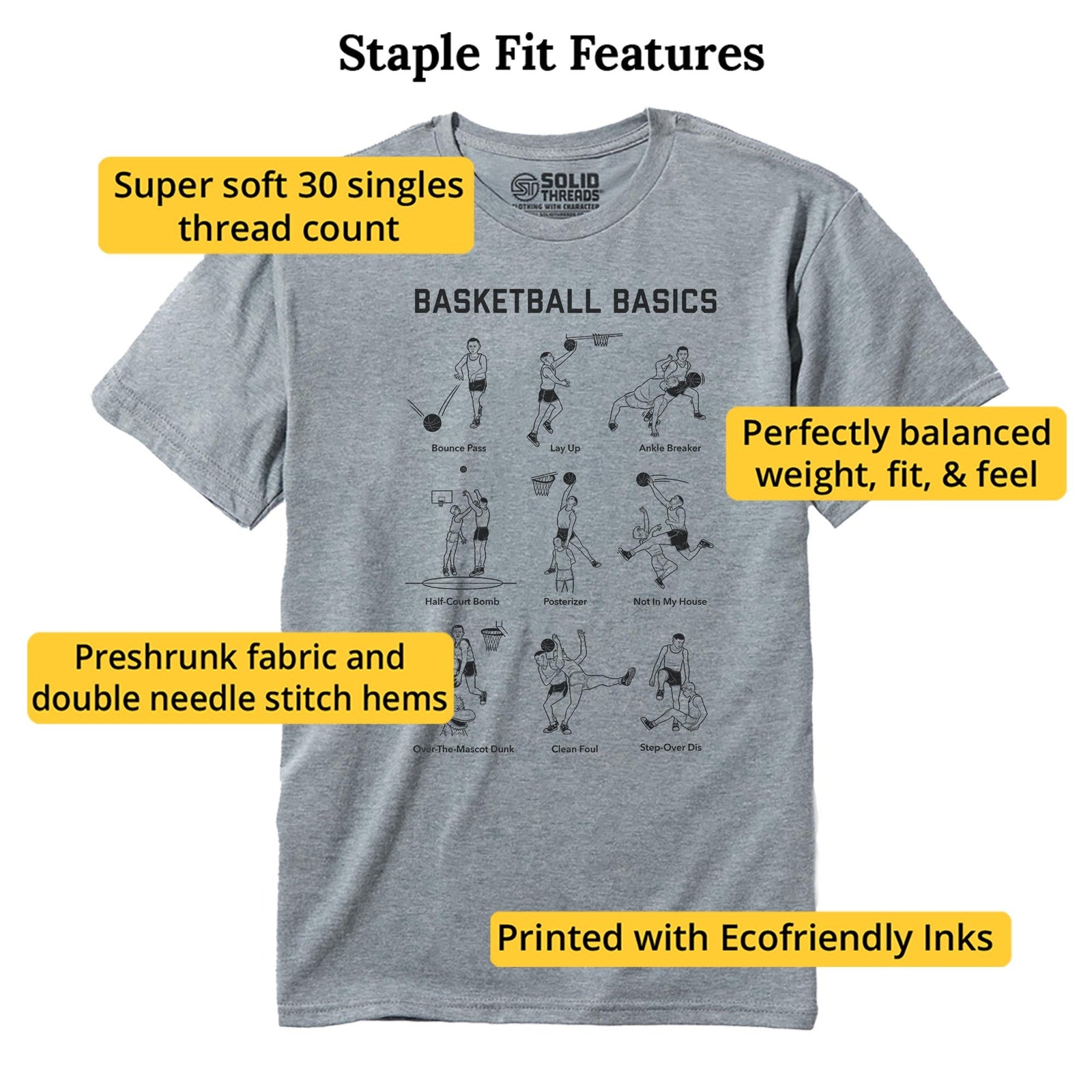 Basketball Basics Funny Staple T-shirt in Ash Heather - Fit Attributes