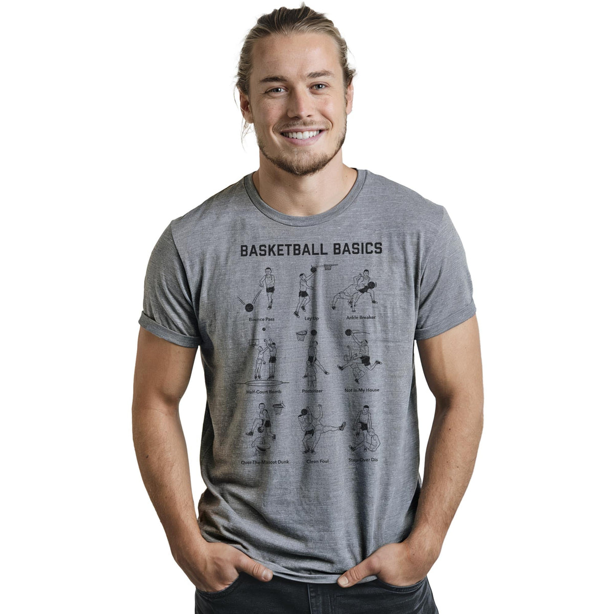 Basketball Basics Funny Staple T-shirt in Ash Heather On Model - Front View