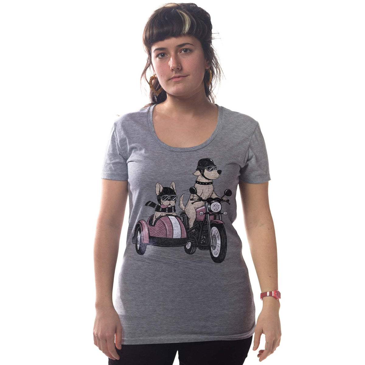 Women's Bred Wild Vintage Graphic T-Shirt | Funny Dogs Motorcycle Sidecar Tee On Model | Solid Threads