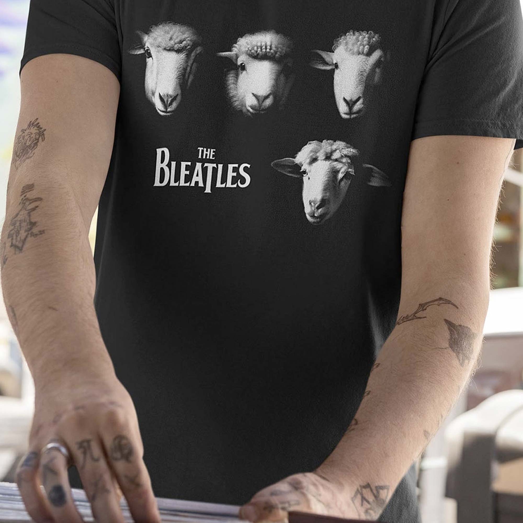 Men's The Bleatles Funny Graphic T-Shirt | Vintage Sheep Album Pun Tee On Model | Solid Threads