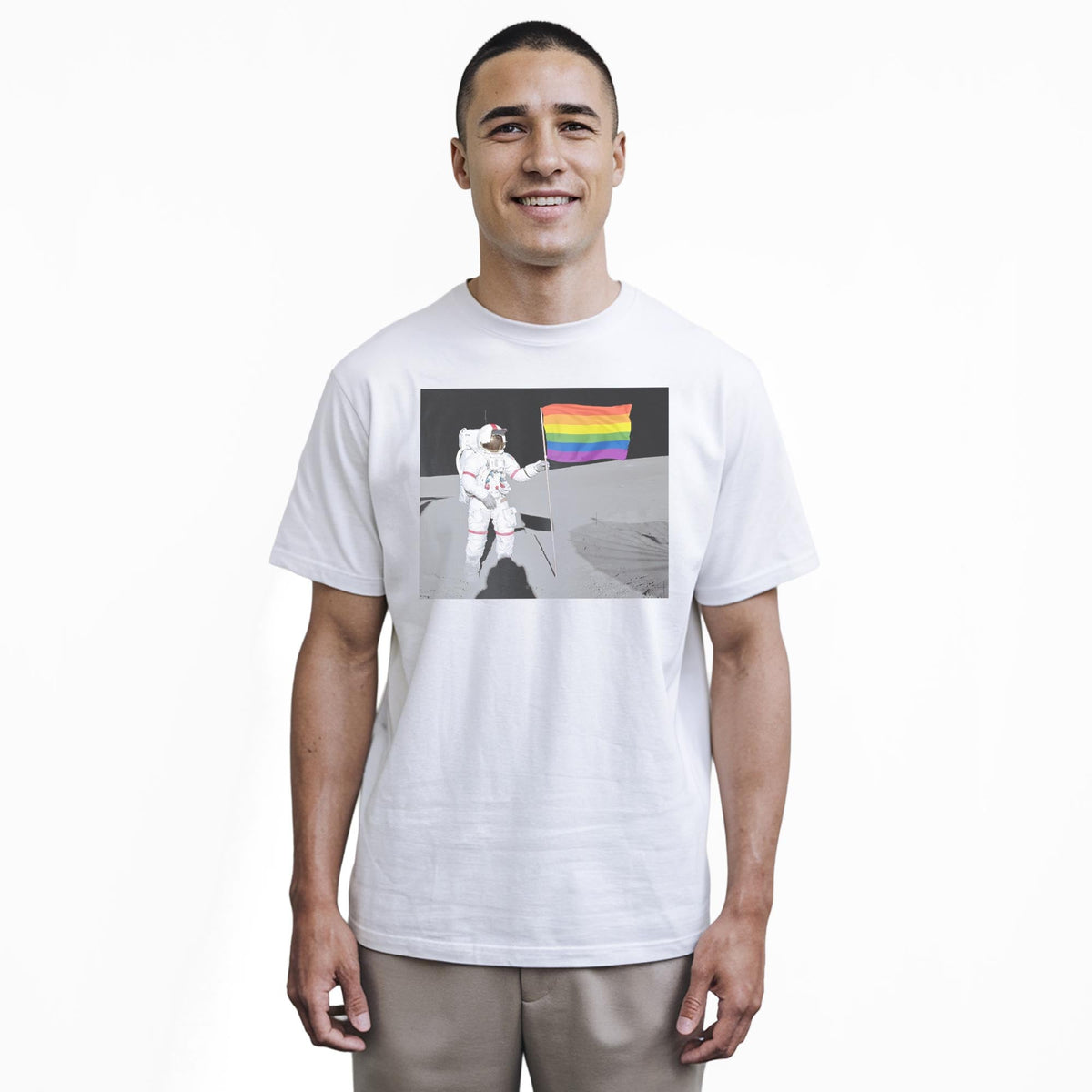 One Giant Leap Cool Staple T-shirt in White On Model - Front View