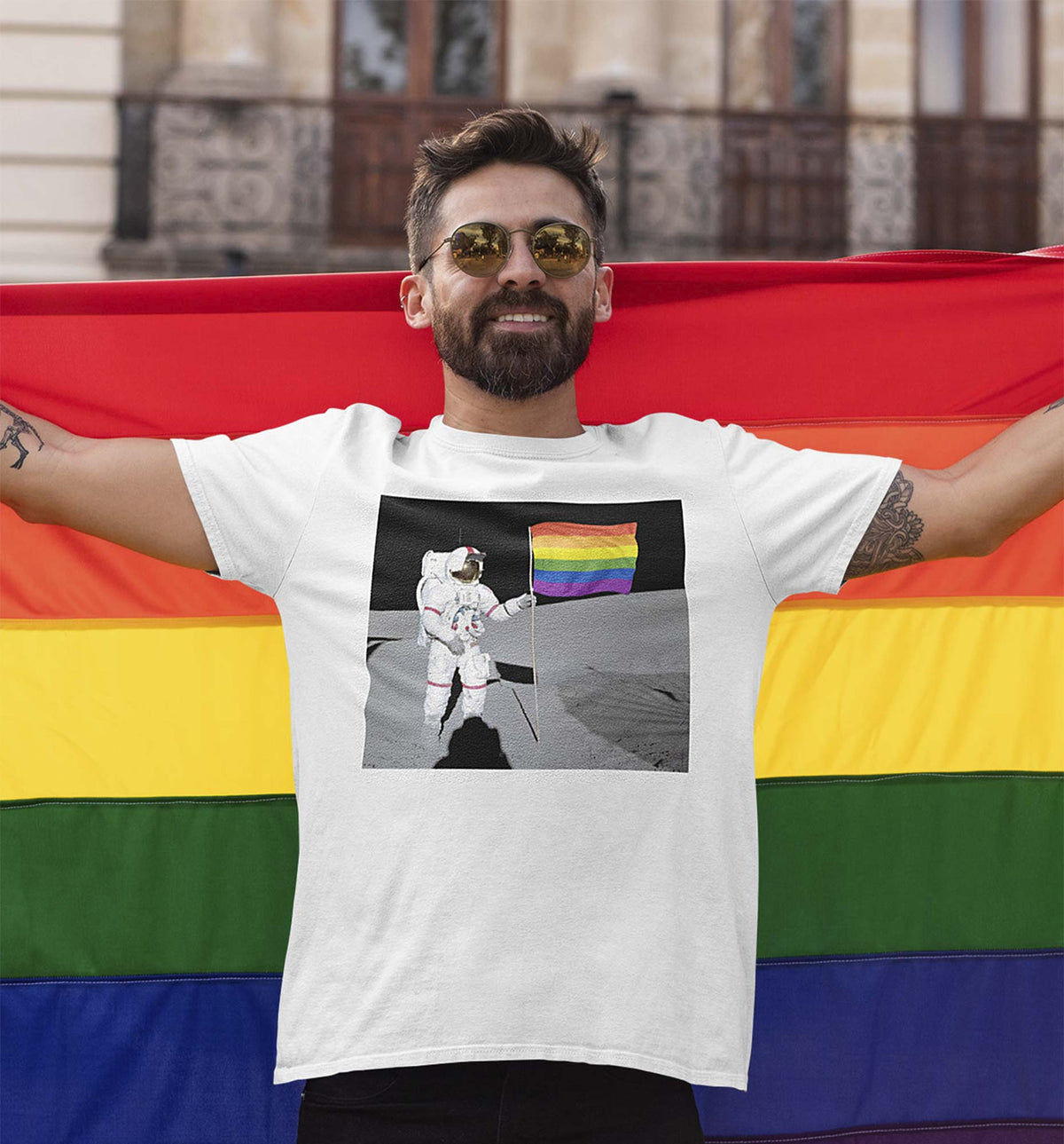 Men's One Giant Leap Cool Graphic T-Shirt | Designer Pride Flag  Tee On Model | Solid Threads